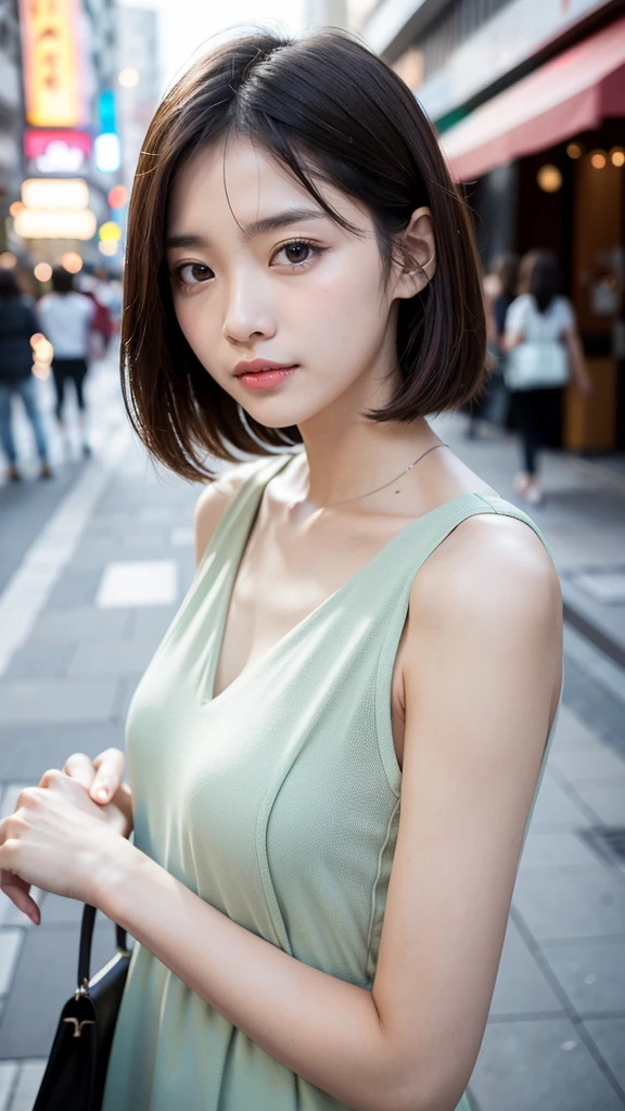 (Sniper, RAW Photos, Highest quality, masterpiece, Realistic, Detailed face, Detailed skin, Warm color temperature, One girl, alone:1.2), Beautiful Japan teenage girl, , (skinny:1.5), (short hair:1.3), amount, Brown Hair, Full Body Shot, Front view, Dirty Skin,smile, shy,Sniper rifle