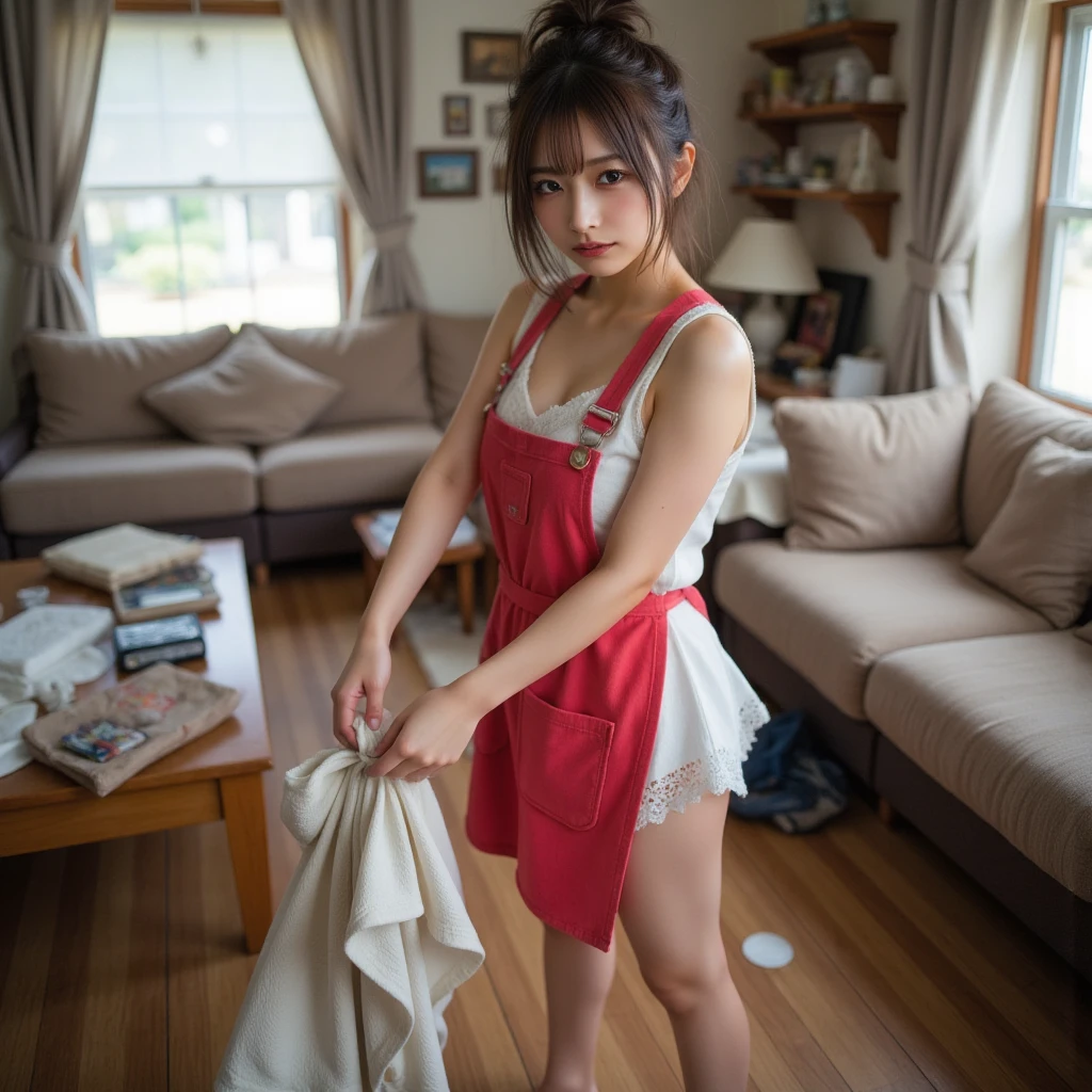 The wife next door、Hanging laundry on the veranda、
Her panties peeking out from under her short skirt are steamy and stained。
Bending over to pick up laundry。
An angle from below looking up at it from behind。
Her flushed cheeks are sexy