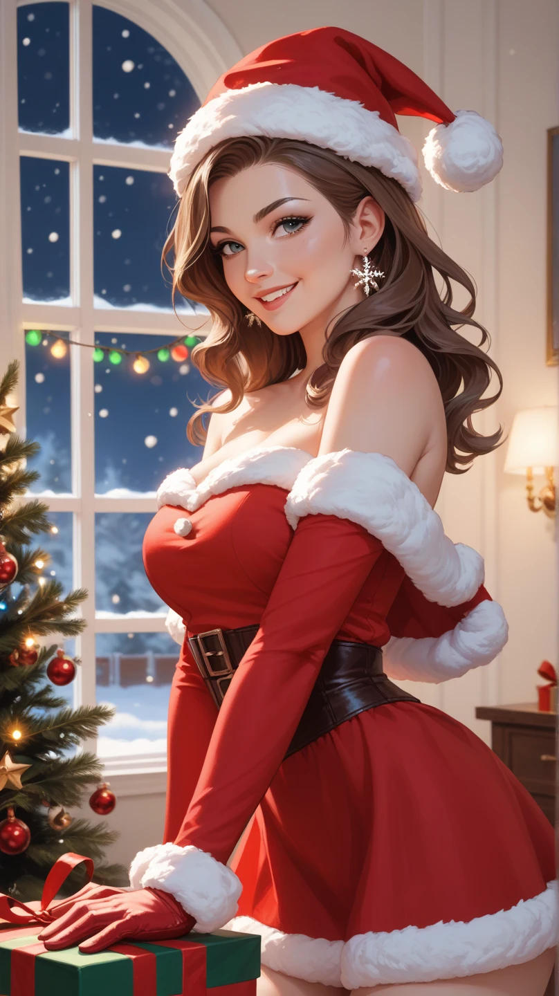 disney artstyle disney princess photo, 22 year old disney princess belle, wearing a christmass dress, standing in a christmas themed town, snow, christmas tree, sexy pose, close up photo, enormous gigantic boobs, wearing santa hat, looking at camera, large ass, sharp background, outside in snow posing next to christmas tree, (long brown hair put up in half ponytail:1.5)