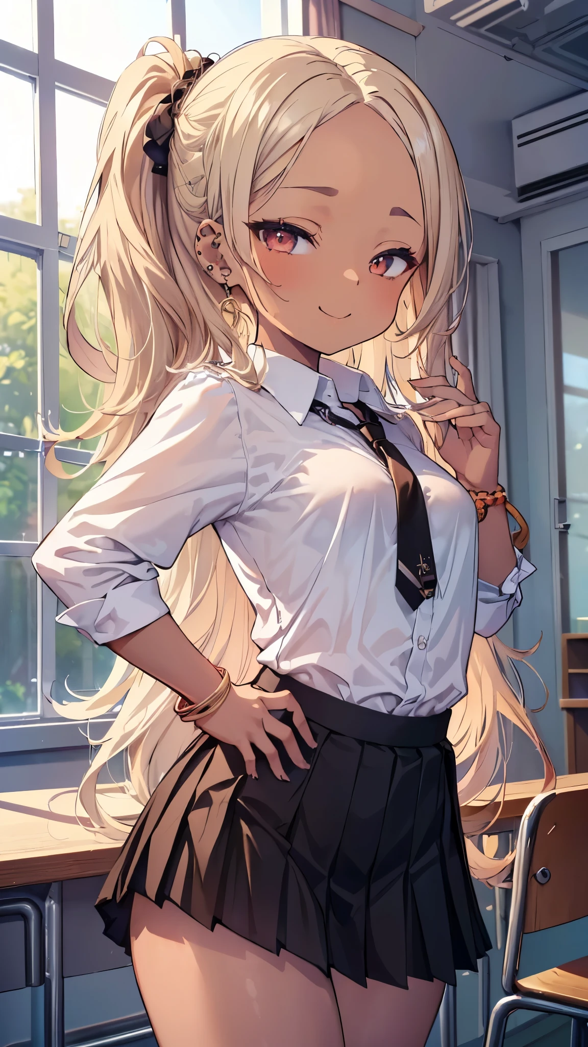 ((masterpiece、 top quality、 very detailed ))、 one girl、improve、(( brown skin:1.3))、Blonde、 long hair on background、 wavy hair 、((Forehead))、 brown eyes、evil smile、((lots of piercing))、(( smaller breasts))、(( White collared shirt ))、 Necklaces 、 Bracelets 、(( black pleated skirt tied to an iron lattice))、((micro miniskirt))、 Cowboy Shots、 classroom background backdrop