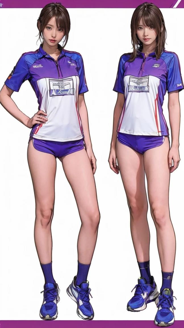 ((masterpiece)),(((highest quality))),((Character design sheet)),Thin thighs,Long legs,It's not a big deal ,Wearing a marathon uniform and marathon shoes