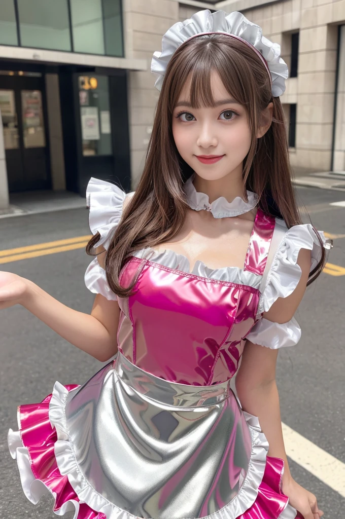 Angelic very beautiful cute young girl,
Beautiful detailed eyes, (5 yo:1.2),(clear-eyed:1.3),
Detailed double eyelids,
(Soft Saturation: 1.3),
(Fair skin: 1.3),v-line jaw,
(Large eyes:1.4),
Long straight brown hair,
see-through bangs,
Sharp Focus,
beautiful detailed face and eyes,
drooping eyes,
small straight nose,
small mouth,
happy smiling with visible teeth, 85mm lens, F/8.0,BREAK (Super shiny white and metallic neon pink PVC maid costume :1.5),(realistic photograph:1.4),Walking,Brown hair ,(Costumes with strong reflective surfaces:1.3),(lift skirt:1.2),panty,
(Best Quality:1.2),(Maid costume:1.4),
Raw photo,
High resolution,
perfect detail,
Professional Photography,
Professional Lighting,
Powerful lighting of the costume,In the street