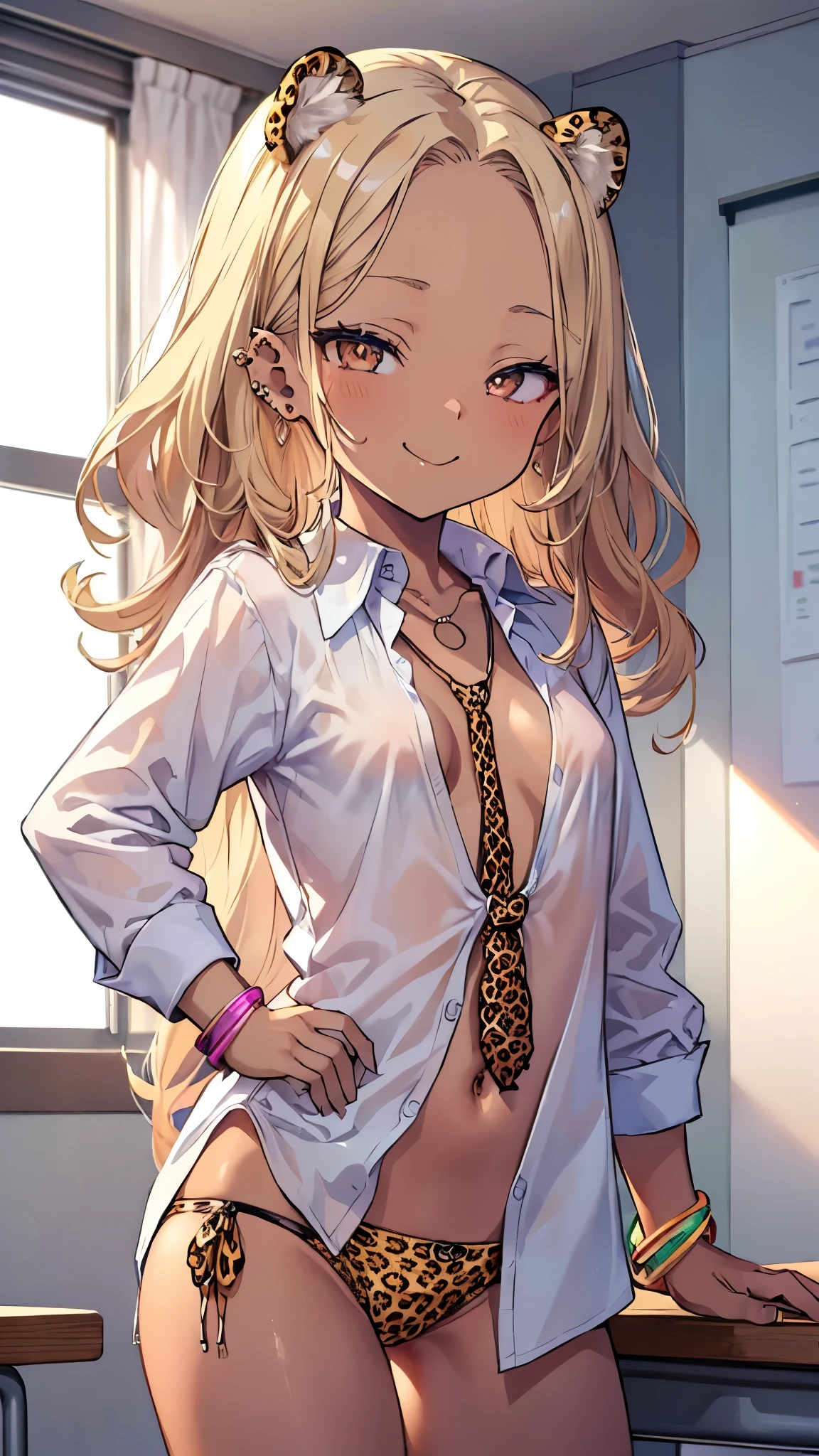(8k、Best image quality、highest quality、masterpiece)、Detailed face、One girl、gyaru、Blonde、Long Hair、Grey Eyes、evil smile、((Grin))、Large Breasts、((White collared shirt))、cleavage、leopard print panties、Pretend、Turning your butt off、Shoot from behind、Cowboy Shot、Bathroom Background