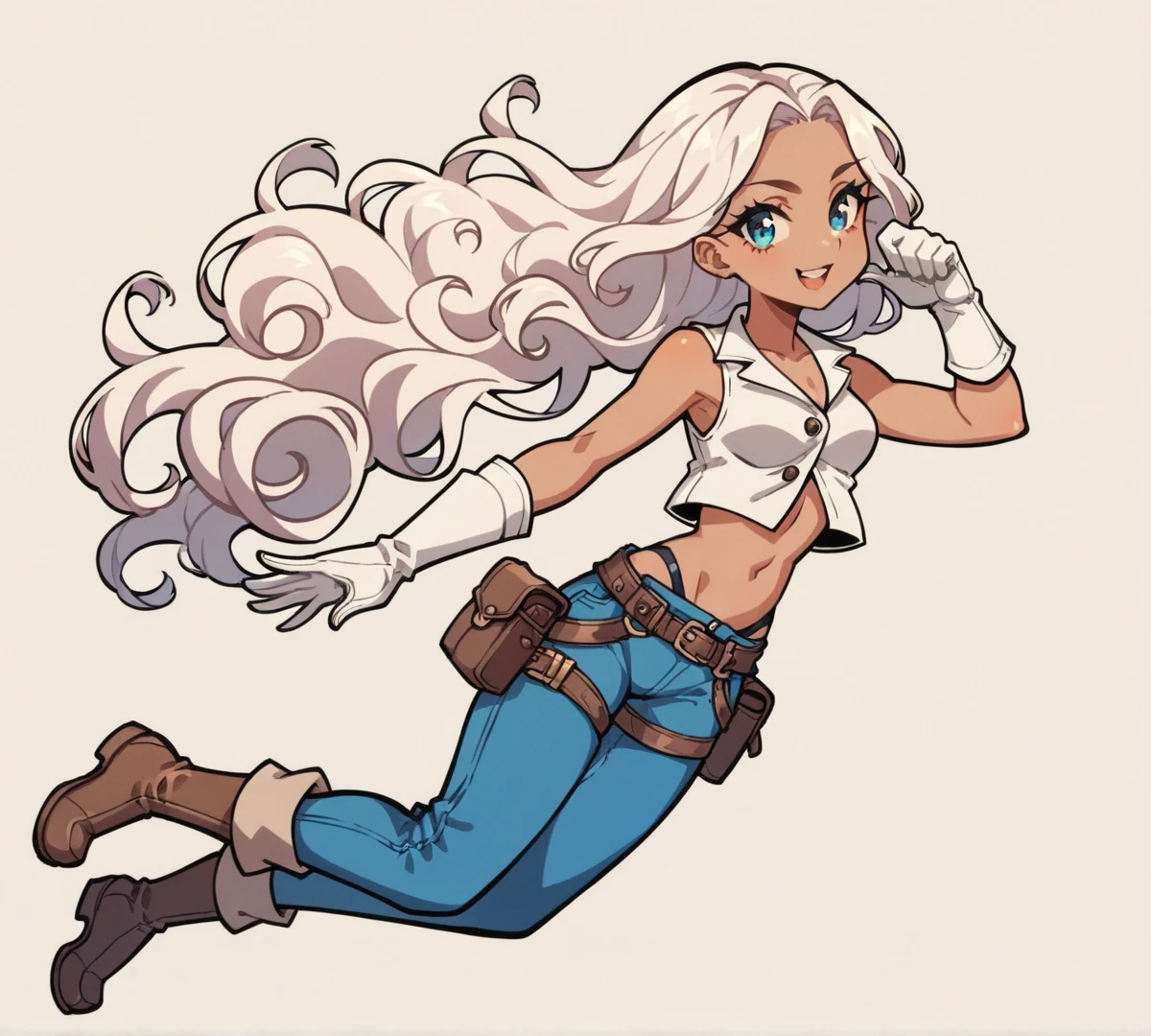 Styalized semi realistic cartoon cell shaded with thick line art drawing of a Young woman, slender, short, white medium long fluffy wavy hair with blue undertones, gogles on her head, blue eyes, slightly tanned skin, Wearing long baggy blue pants that have pouch straps with thick brown boots on her feet, huge gloves on her hands and a white vest. 