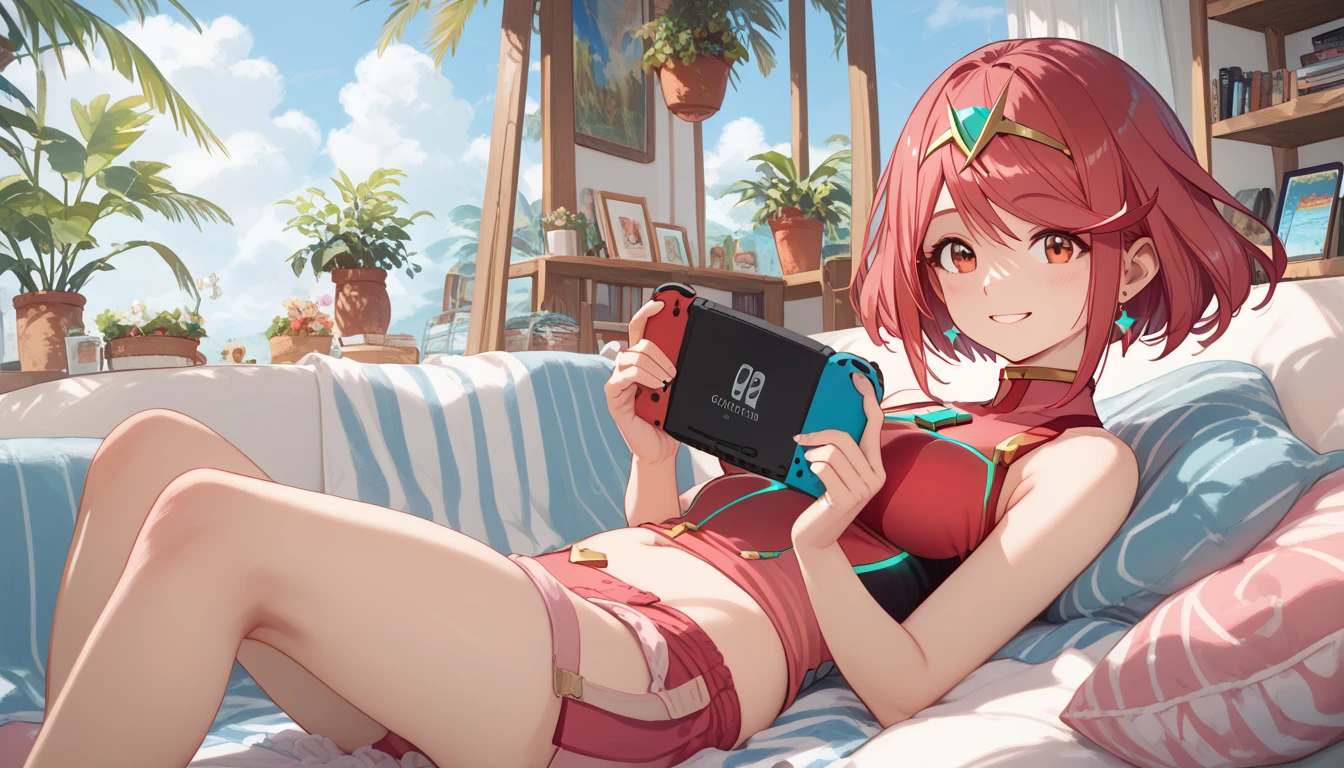 masterpiece, maximum quality, 4k, detailed, pyra, smile, casual outfit, playing nintendo switch