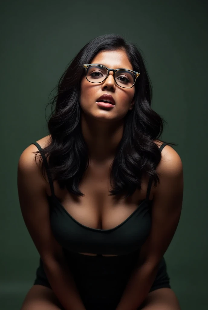 Captured from top, a busty Indian woman with long flowing hair leaning forward and looking up, downblouse , wearing glasses, open mouth as erotic climax expression,deep cleavage, thick thighs, dark fantasy, hyper detailed, cinematic lighting, dramatic shadows, rich colors, moody atmosphere, award winning digital art, masterpiece, 8k, high resolution,