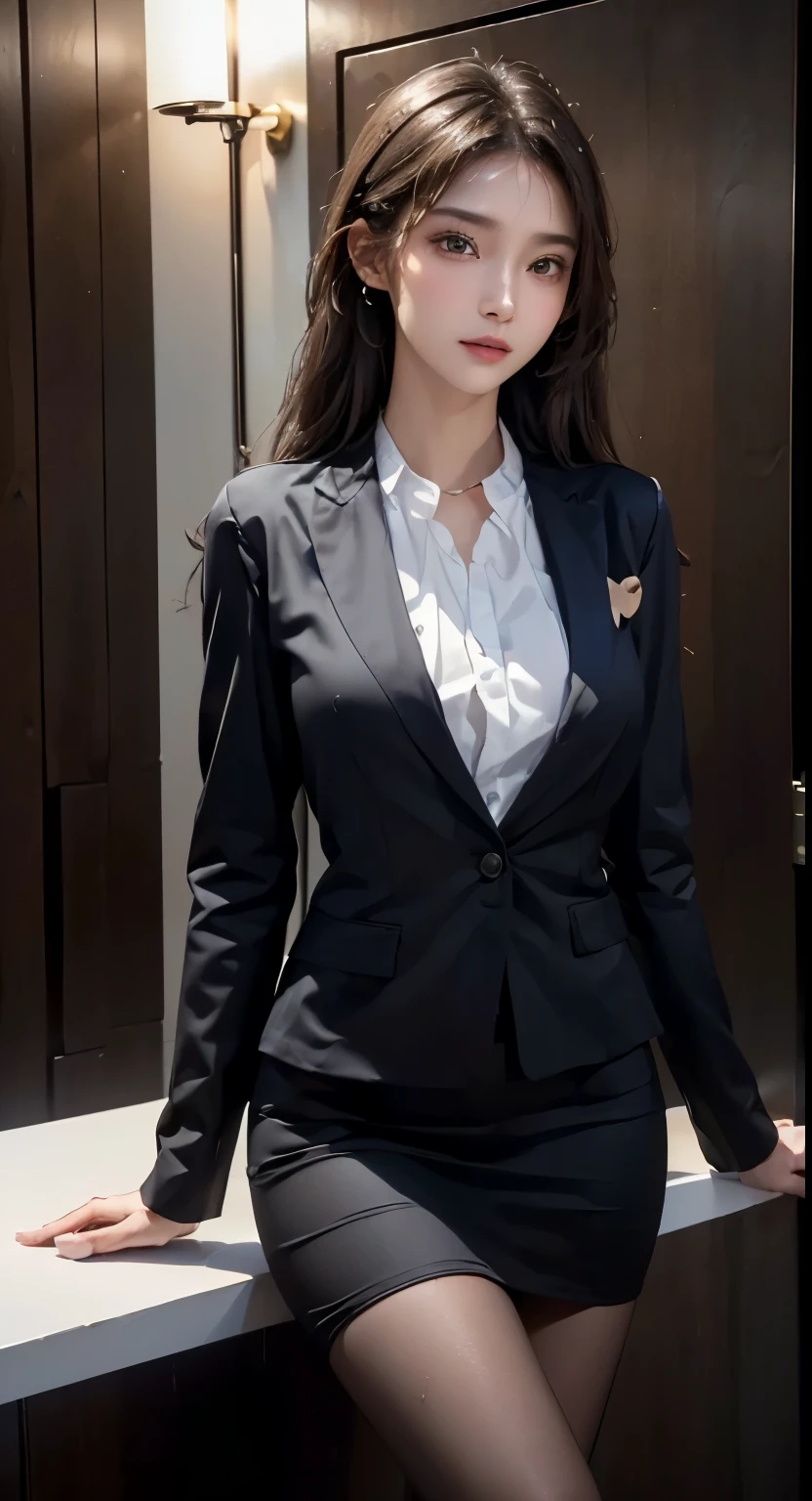 ((masterpiece:1.4))、((muste piece:1.4))、A woman with light brown hair is standing in a hotel bedroom wearing a short black pleated skirt、very sexy costume, 厳格なWearing a suitいる、Stylish and glamorous cosplay, sexy costume, ファッションWearing a suitいる, Wearing a suit, dressed properly、黒色のタイトなWearing a suitいる, sexy look, suit、黒いWearing a suitいる、wearing a black miniskirt、((A woman with a scared expression:1.4))、