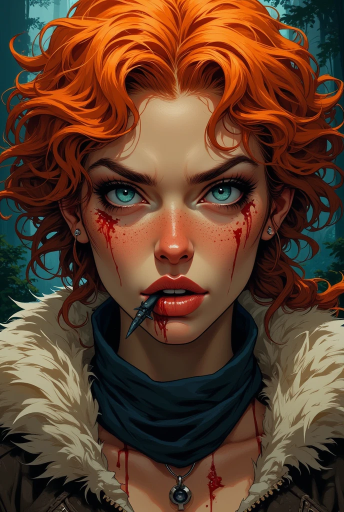 a mature woman, big lips, angry, rachelle lefevre face sharp canine, front view, high definition, sharp details, pretty face, orange curly hair, freckles, full body, blue eyes, furr scarf, animal skin, muscle, blood on her face, forest in the background, kohei horikoshi drawing style, HD, 4K