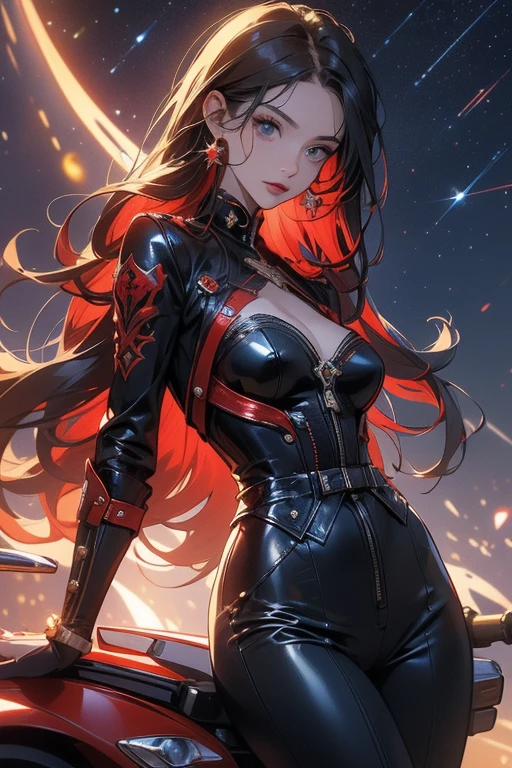(Best Quality,4K,High resolution), 18yo woman, Red mesh hair on black hair, Long hair, Straight hair, , Comical appearance,(Best Quality,4K,High resolution), 18yo woman, Red highlights on black hair, Long hair, Straight hair, Cool Woman,Cold eyes ,sharp eye,glares,Red glowing eyes,inattention,Standing Woman,Full body close-up,Turning the camera from behind,Dark back alley,Retro Doomsday World,Delicate illustrations drawn in detail,Torn clothes with intricate decorations, Cyberpunk Expressions,Realistic portrayal,、I cry,A ruined futuristic city,luminous sky,Vibrant colors,blood moon,Gothic expression,Classic background(Best Quality,4K,High resolution), girl with, Red mesh hair on black hair, Long hair, Straight hair, astonished face, Comical appearance,noisy,rampage,comic strip,animesque,Comical illustration,busy,Deformed cute illustration,Whole body projection,Flying in the air,Flash from behind