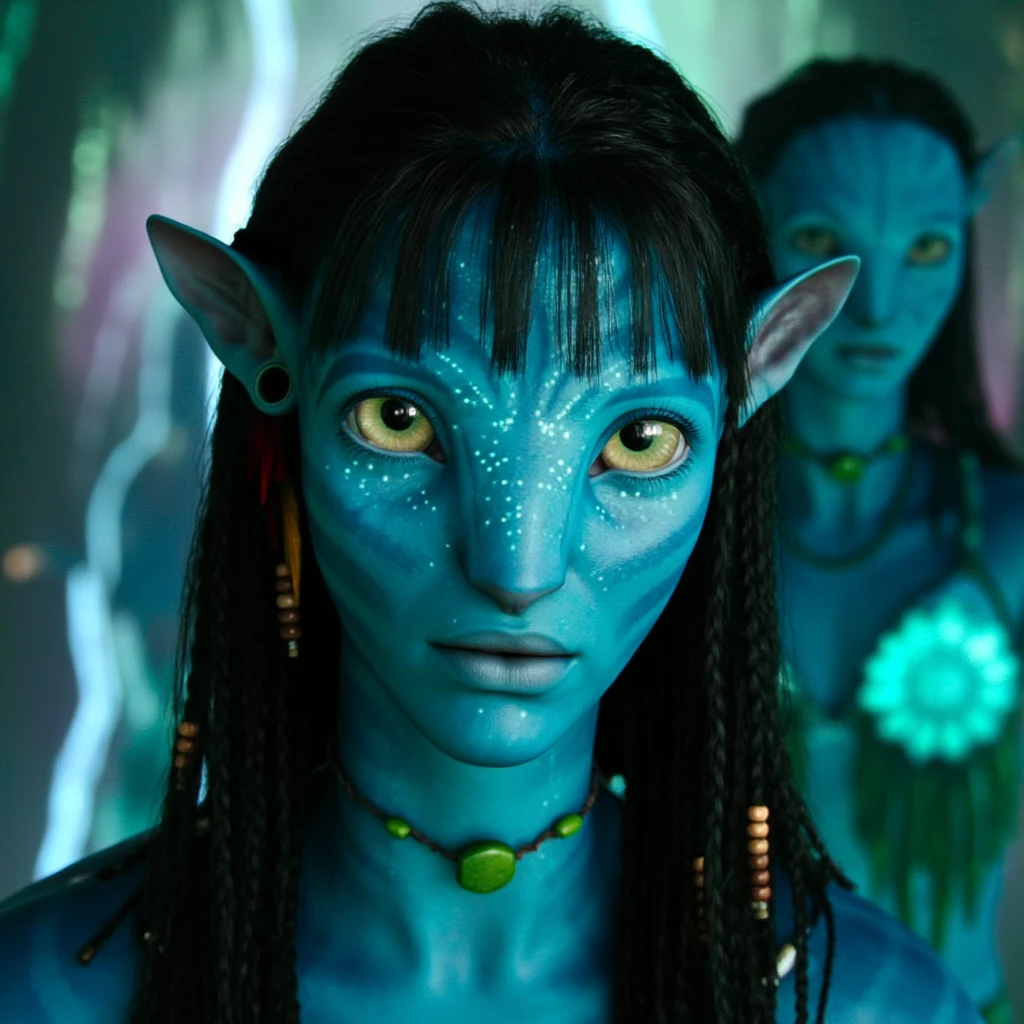 na'vi, na'vi race, avatar, pale teal blue skin, dark brown hair, blue eyes, straight hair with bangs, smiling