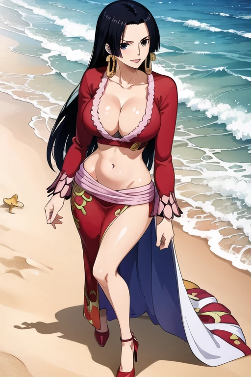 1girl, solo, masterpiece, high quality, boa hancock, jewelry, earrings, large breasts, cleavage, looking at viewer, standing, Red high heels, on the beach, stomach free