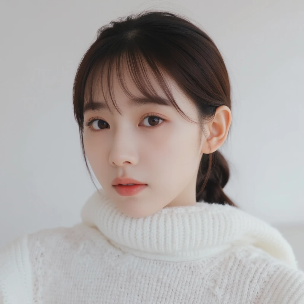 a woman, ponytail,white sweater, detailed portrait, cute japanese actress, portrait of korean female idol, young adorable asian face, beautiful delicate lips, extremely detailed facial features, long eyelashes, elegant, serene expression, high quality digital painting, hyper realistic, cinematic lighting, warm color palette, soft focus, intricate details, masterpiece,best quality,photorealistic