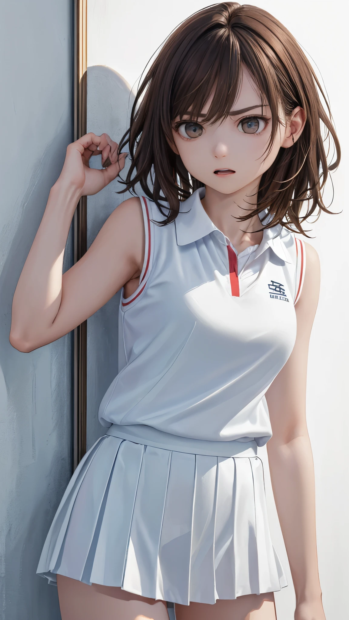 ((( top quality   、8k、 masterpiece)))、(     realistic      )、(Photo        realistic          :1.2)、( No light, No Shadow )、         super detailedとても可愛い顔と目    、  Adult female 、   round small face、     Thin Waist     、  Big Breasts 、(close、 top quality   、             high detail、     rich skin details         )、(  top quality   、8k、Oil paints:1.2)、     super detailed、(      realistic         、         realistic         :1.37)、(( Brown Hair)))、(((        Cowboy Shots)))、(((  Medium Hair   )))、(((Frame In)))、(((    White wall background    )))、((( light brown hair )))、((( white uniform)))、((( I'm wearing a tennis uniform)))、(((Solo Shot)))、((( rugged expression )))、((( expression of anger)))、(((I'm touching my own face)))、((( sleeveless clothes)))、(((Sexy expression)))、(((I have a hand next to my face )))