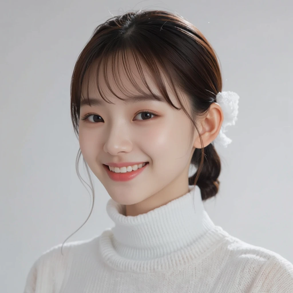 a woman, ponytail,white sweater, detailed portrait, cute japanese actress, portrait of korean female idol, young adorable asian face, beautiful delicate lips, extremely detailed facial features, long eyelashes, elegant, serene expression, high quality digital painting, hyper realistic, cinematic lighting, warm color palette, soft focus, intricate details, masterpiece,best quality,photorealistic