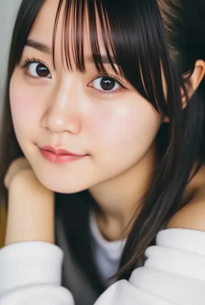 Highest品質,  facial focus, Soft light,  super high resolution , ( realistic :1.4),  RAW photo, 1 Japan, Alone, cute, ( has a smiling face :0.5), ( brown eyes, The light in your eyes),   Beautiful Faces in Every Detail  , (Small box),(  high resolution details of human skin texture), ( short bob hair ), break, In the classroom,Navy Uniform, Highest,  skirt