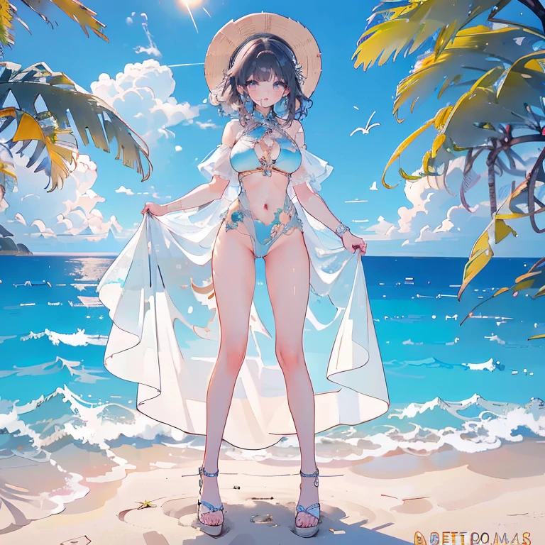 NSFW, sexy, erotic, A stunningly beautiful woman in a swimsuit, standing on a pristine beach. The woman has long, flowing hair, a radiant smile, and is wearing a fashionable bikini that accentuates her figure. The beach is idyllic, with soft white sand, crystal-clear turquoise waters, and gentle waves lapping at the shore. In the background, there are palm trees swaying in the breeze, and the sun is shining brightly in a clear blue sky. The overall scene is vibrant, lively, and exudes a sense of relaxation and enjoyment. --fine-details --hand-precision --high-fidelity --micro-textures --super-resolution 