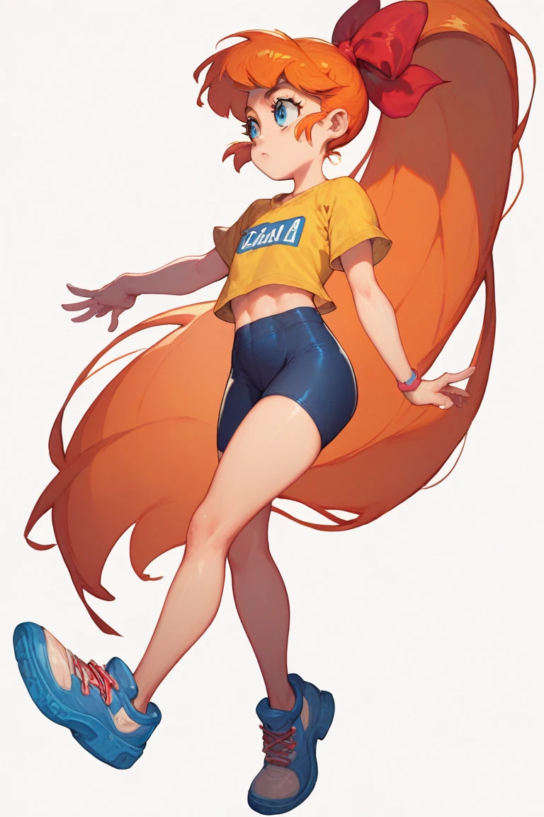 score_9, score_8_up, score_7_up, 1girl, source_anime, (teenage girl) orange hair, ponytail, red bow, very long hair, flat chest, Powerpuff Girls style, navy blue bike shorts, small yellow t-shirt, Firm pose, Focus on the thighs, white background, full body, Looking ahead.