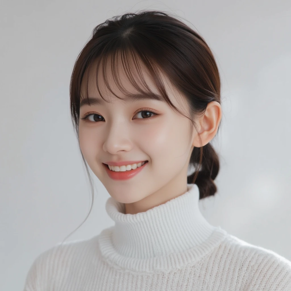 a woman, ponytail,white sweater, detailed portrait, cute japanese actress, portrait of korean female idol, young adorable asian face, beautiful delicate lips, extremely detailed facial features, long eyelashes, elegant, serene expression, high quality digital painting, hyper realistic, cinematic lighting, warm color palette, soft focus, intricate details, masterpiece,best quality,photorealistic