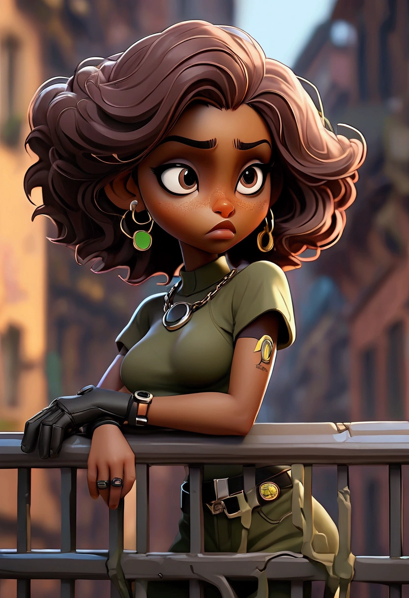  Masterpiece, high quality, best definition, beautiful cartoon, beautiful body, beautiful face, beautiful eyes, beautiful face, beautiful hair, beautiful hands, big cute cartoon eyes, 1  whith  Sitting on metal balcony in a  cyberpunck city, She is dark-skinned, with Latin features, pretty, violet eyes, her eyes are half closed with violet shading and intense red hair short bob, slim and small but athletic body, some mosculature, she has a band-aid on her nose, over her hair pilot's glasses, Olive green t-shirt with military camouflage, black denim shorts and brown boots, with military dog tag collar, it's flat-chested, it's nighttime and there are neon lights