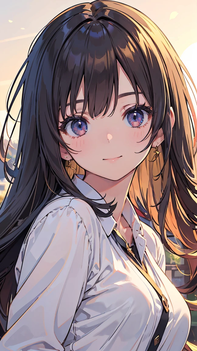 Official Art, wallpaper, Very detailed, (((Very detailedな目と顔))), Realistic portraits, (Highest quality, masterpiece, High resolution), (High resolutionスキン: 1.2), 8K Ultra HD, Backlight, Background Blur, smile, One Girl, Girl in white shirt, Beautiful girl, Attractive and beautiful, Beautiful face and perfect skin, Diffused, Natural skin glow, Attractive and beautiful, Enveloped in golden light, Gorgeous and attractive face, Soft Golden Hour Lighting, natural beauty expressive pose, Soft golden light, Attractive girl, Beautiful girl, Golden Background, , Dynamic Angle