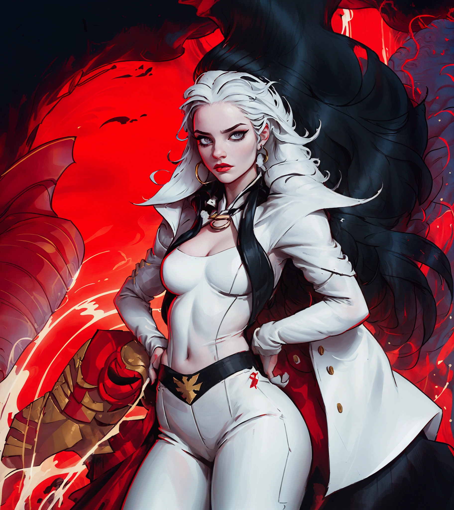  The character has a very striking and stylized look . Her hair is long and white,  with a fluid touch that gives them an ethereal air .  She has an outfit that combines a cropped black ,  that enhances her silhouette ,  and red pants that bring a strong and vibrant contrast . 

 A notable feature is the eye that appears on your face ,  that stands out with a graphic style ,  in addition to having an enigmatic expression .  It also features a halo-shaped accessory , What is red and runny ,  suggesting an idea of duality between the sacred and the profane . 

 The color palette is predominantly black , white and red,  creating an impactful visual effect .  The art style is minimalist , but expressive,  reflecting an intriguing and possibly dark personality.