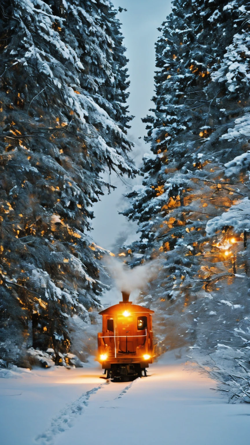 A magical Christmas train moving through a snowy forest at night, decorated with glowing festive lights, wreaths, and ornaments. The forest is blanketed in snow with tall pine trees shimmering under soft moonlight. The train emits warm steam that contrasts with the cold, frosty air. Cinematic composition, highly detailed, enchanting atmosphere, soft glowing lights.