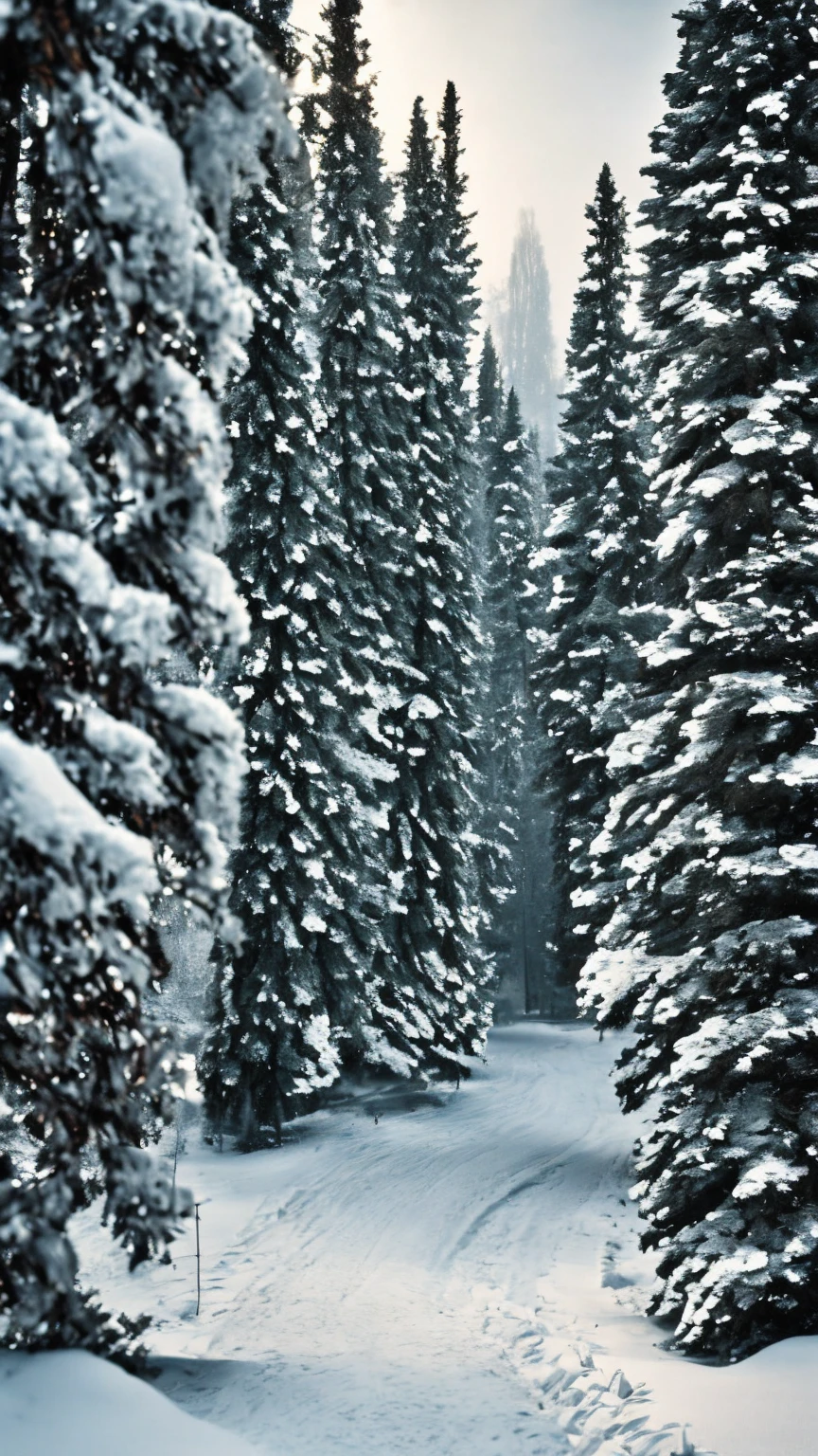 A magical Christmas train moving through a snowy forest at night, decorated with glowing festive lights, wreaths, and ornaments. The forest is blanketed in snow with tall pine trees shimmering under soft moonlight. The train emits warm steam that contrasts with the cold, frosty air. Cinematic composition, highly detailed, enchanting atmosphere, soft glowing lights.