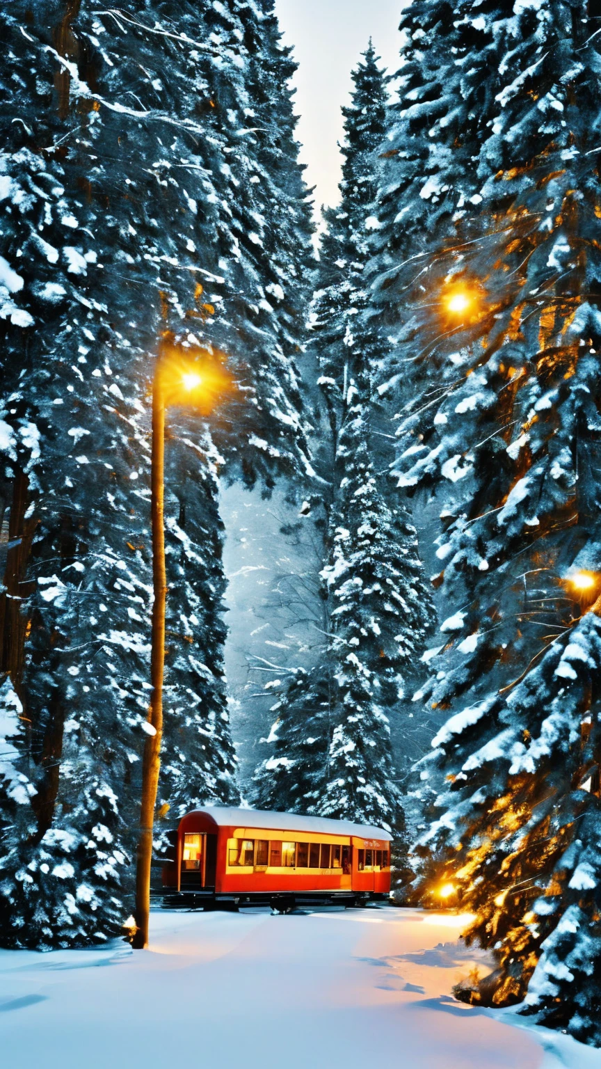 A magical Christmas train moving through a snowy forest at night, decorated with glowing festive lights, wreaths, and ornaments. The forest is blanketed in snow with tall pine trees shimmering under soft moonlight. The train emits warm steam that contrasts with the cold, frosty air. Cinematic composition, highly detailed, enchanting atmosphere, soft glowing lights.