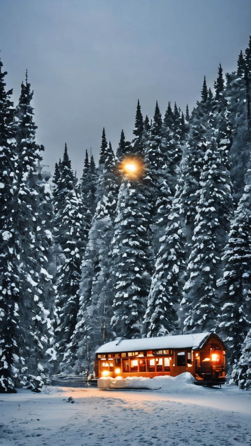 A magical Christmas train moving through a snowy forest at night, decorated with glowing festive lights, wreaths, and ornaments. The forest is blanketed in snow with tall pine trees shimmering under soft moonlight. The train emits warm steam that contrasts with the cold, frosty air. Cinematic composition, highly detailed, enchanting atmosphere, soft glowing lights.