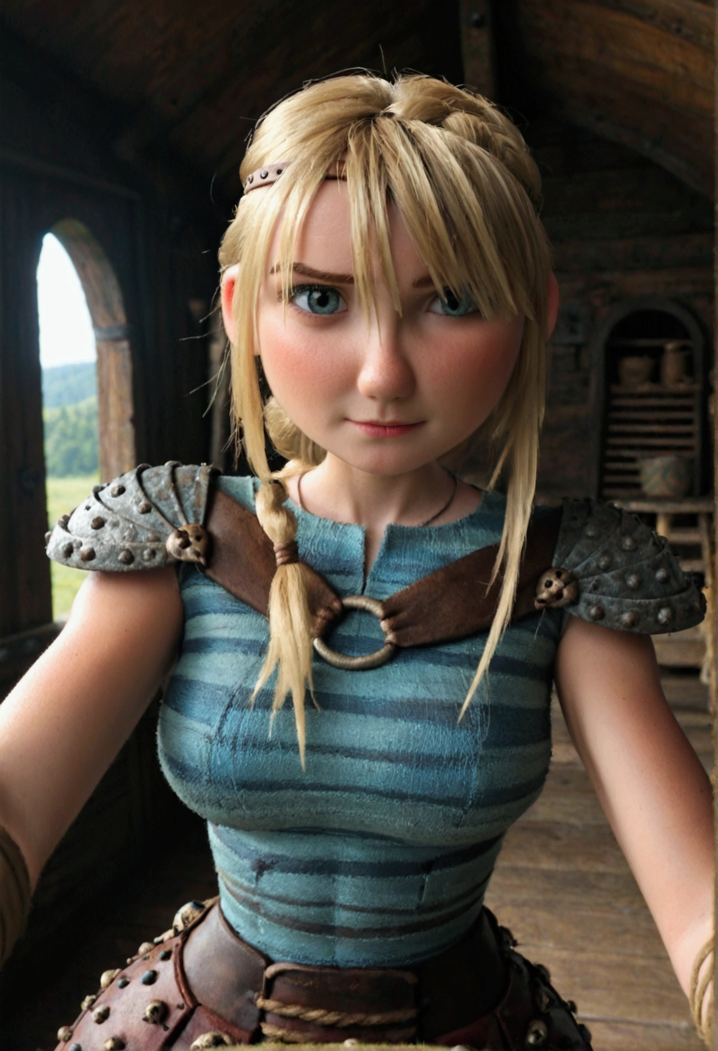 Astrid Hofferson from How to Train Your Dragon,Astrid Hofferson, (((With big breasts, with big hips))),With Viking armor,with straight hair, long hair, pov selfie ,With big breasts, with big hips ,In the Viking House 