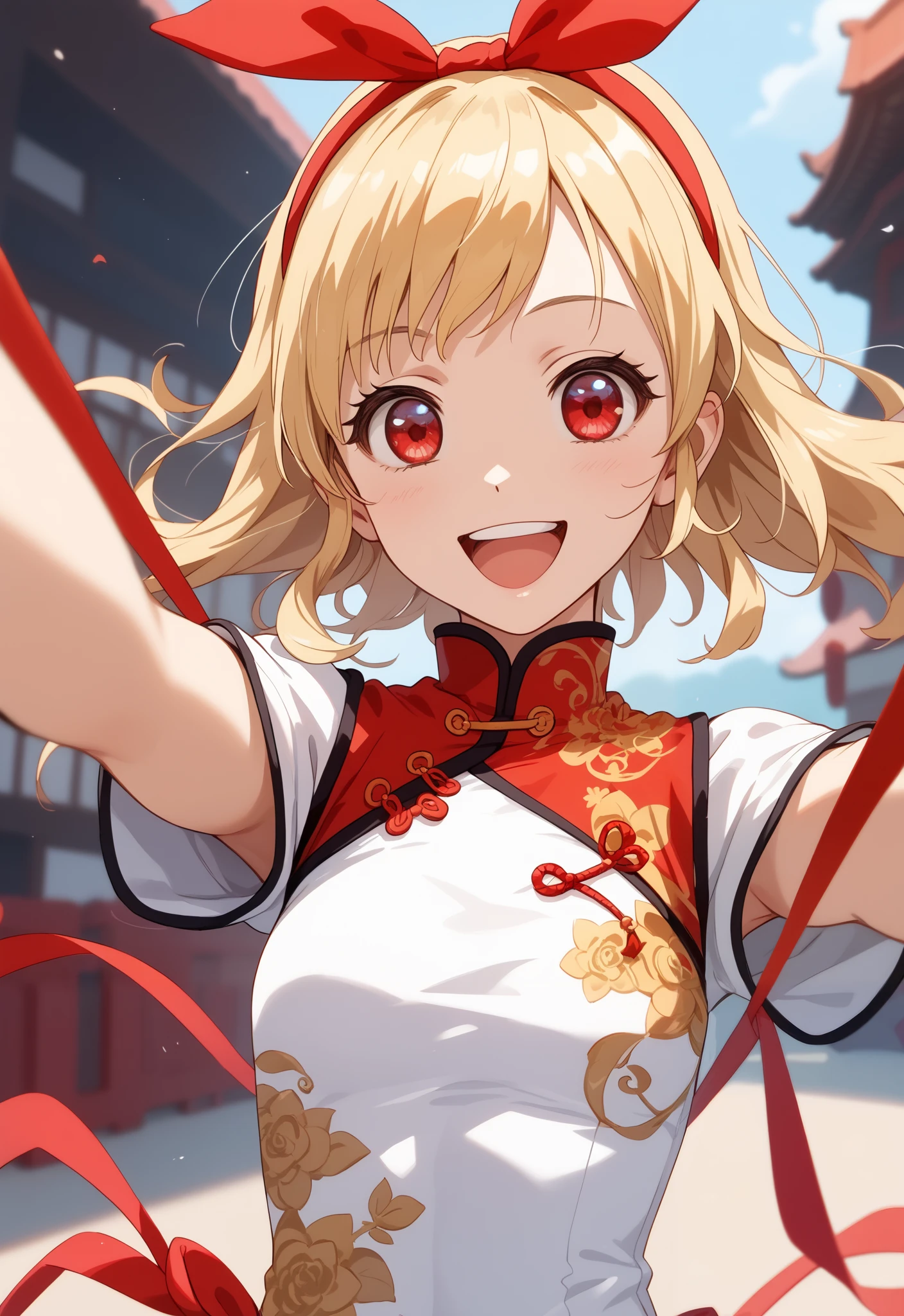 (RED Ribbon on HAIRband:1.2),(masterpiece, best quality), (bishoujo:1.3),UltraSmile, 1girl, ((looking_at_viewer)), depth of field,China Cheongsam, random Color Clothes
BREAK,
1girl,
,
red eyes,
Blonde hair,
BREAK,
(Fighting pause),
(full face),
(open mouth),
RED eyes,
smile,