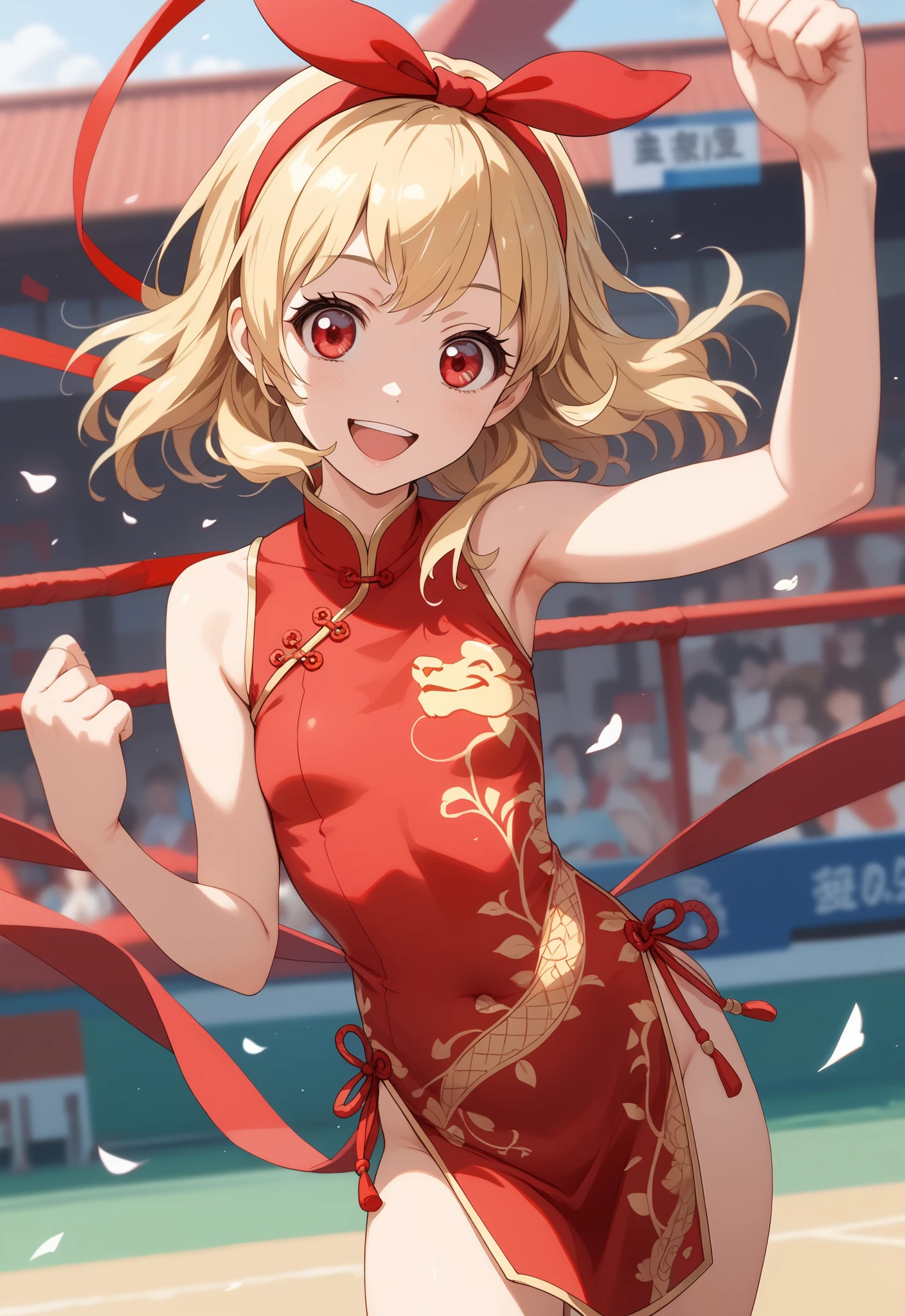 (RED Ribbon on HAIRband:1.2),(masterpiece, best quality), (bishoujo:1.3),UltraSmile, 1girl, ((looking_at_viewer)), depth of field,China Cheongsam, random Color Clothes
BREAK,
1girl,
,
red eyes,
Blonde hair,
BREAK,
(Fighting pause),
(full face),
(open mouth),
RED eyes,
smile,