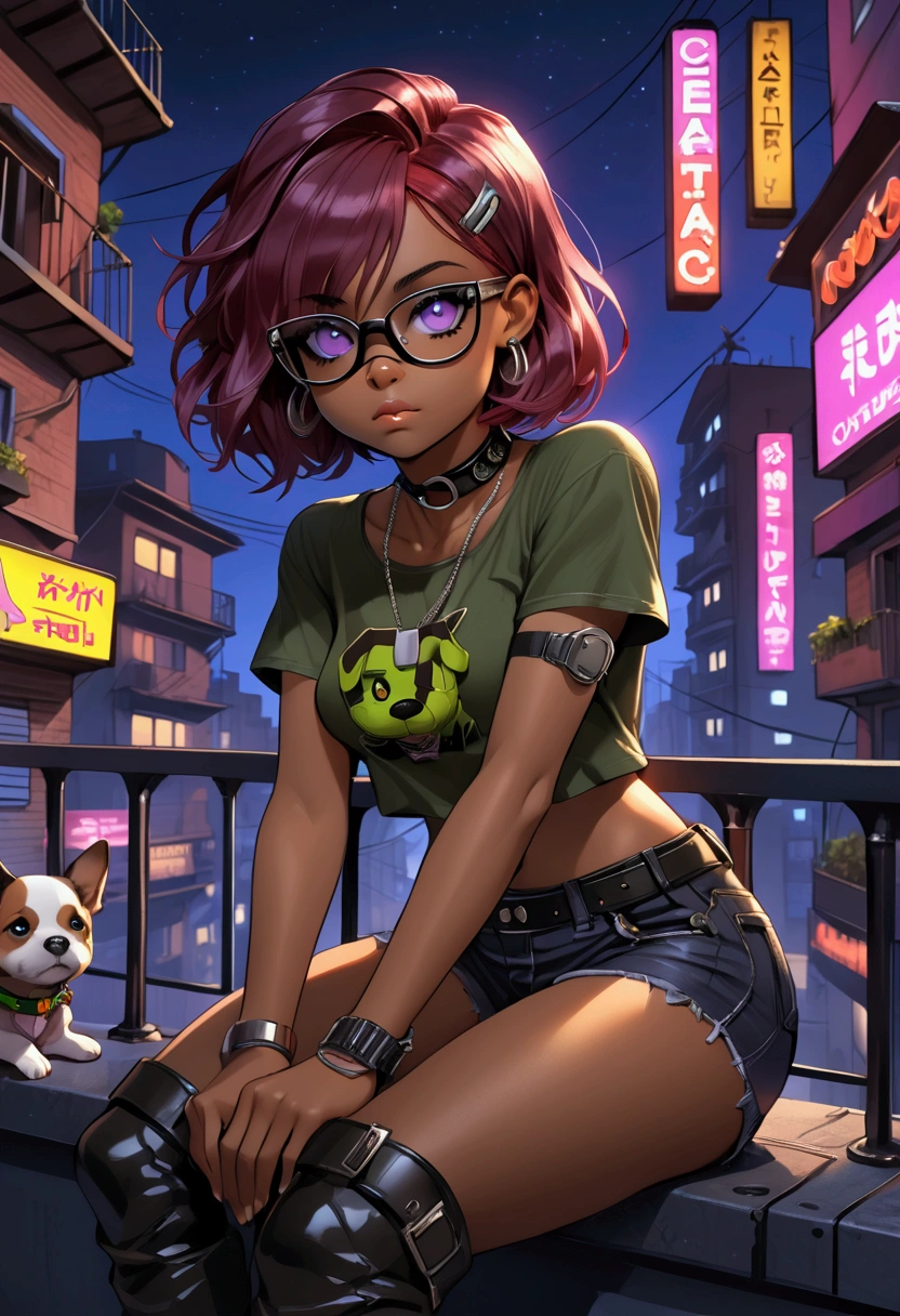  Masterpiece, high quality, best definition, beautiful cartoon, beautiful body, beautiful face, beautiful eyes, beautiful face, beautiful hair, beautiful hands, big cute cartoon eyes, 1  whith  Sitting on metal balcony in a  cyberpunck city, She is dark-skinned, with Latin features, pretty, violet eyes, her eyes are half closed with violet shading and intense red hair short bob, slim and small but athletic body, some mosculature, she has a band-aid on her nose, over her hair pilot's glasses, Olive green t-shirt with military camouflage, black denim shorts and brown boots, with military dog tag collar, it's flat-chested, it's nighttime and there are neon lights