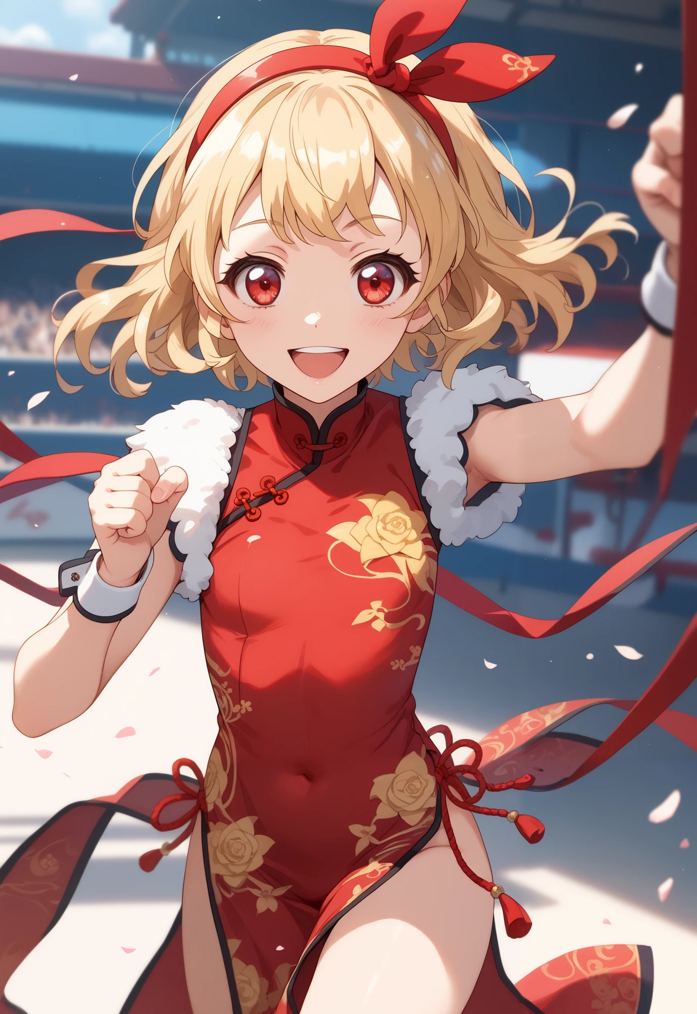 (RED Ribbon on HAIRband:1.2),(masterpiece, best quality), (bishoujo:1.3),UltraSmile, 1girl, ((looking_at_viewer)), depth of field,China Cheongsam, random Color Clothes
BREAK,
1girl,
,
red eyes,
Blonde hair,
BREAK,
(Fighting pause),
(full face),
(open mouth),
RED eyes,
smile,