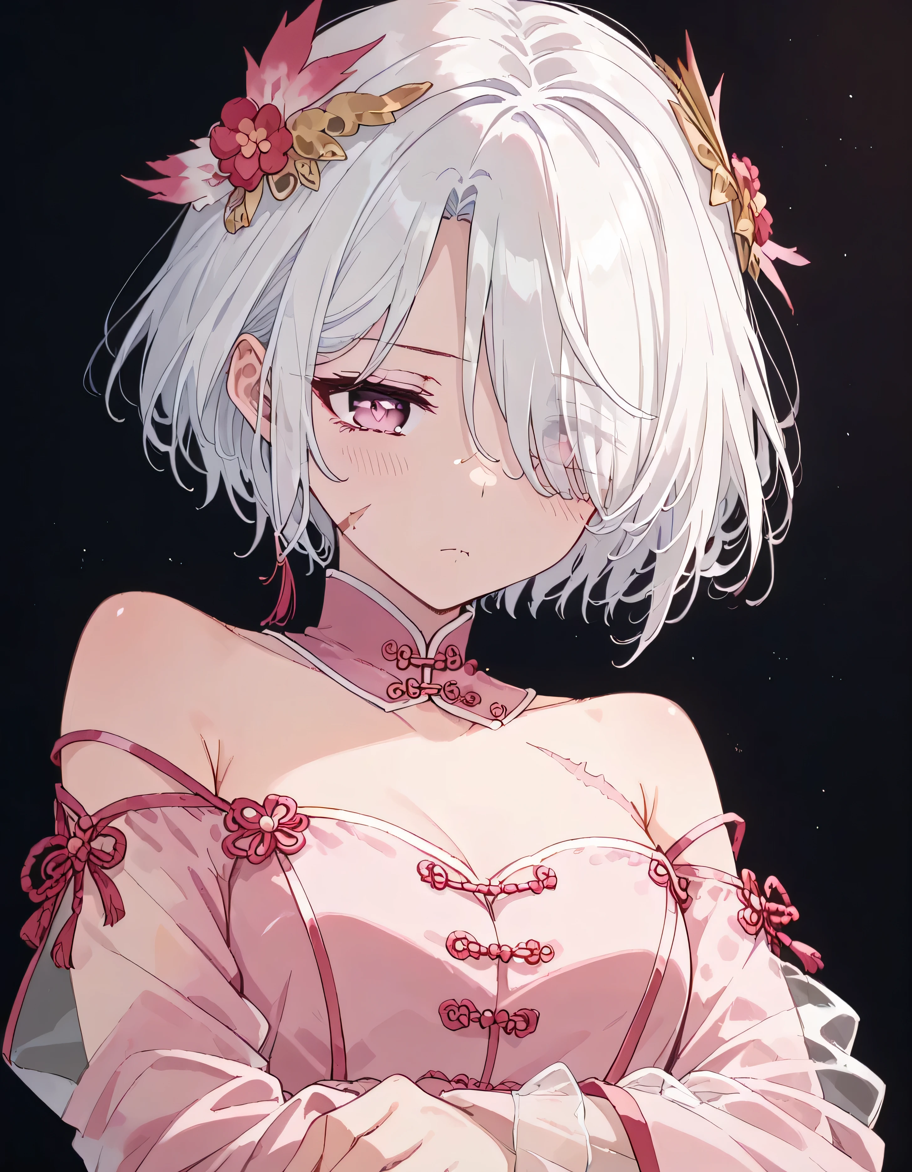 UN\(EOE\),one girl,solo,best quality, masterpiece, ,,break,1girl,(dark background), (weak Lighting),,break, super detailed skin,very high resolution, very aesthetic,by famous artist, 8k, 16k,,beauty illustration,photoshop_(small),,(pink eyes:1.2),(white hair|Detailed hair|short hair|shiny hair|curtained hair, hair over one eye),(pink qipao,one off shoulder,transparent sleeves),POV,(sleepy, depressed,jitome),dilated pupils, empty eyes,scar on one eye,scars on face