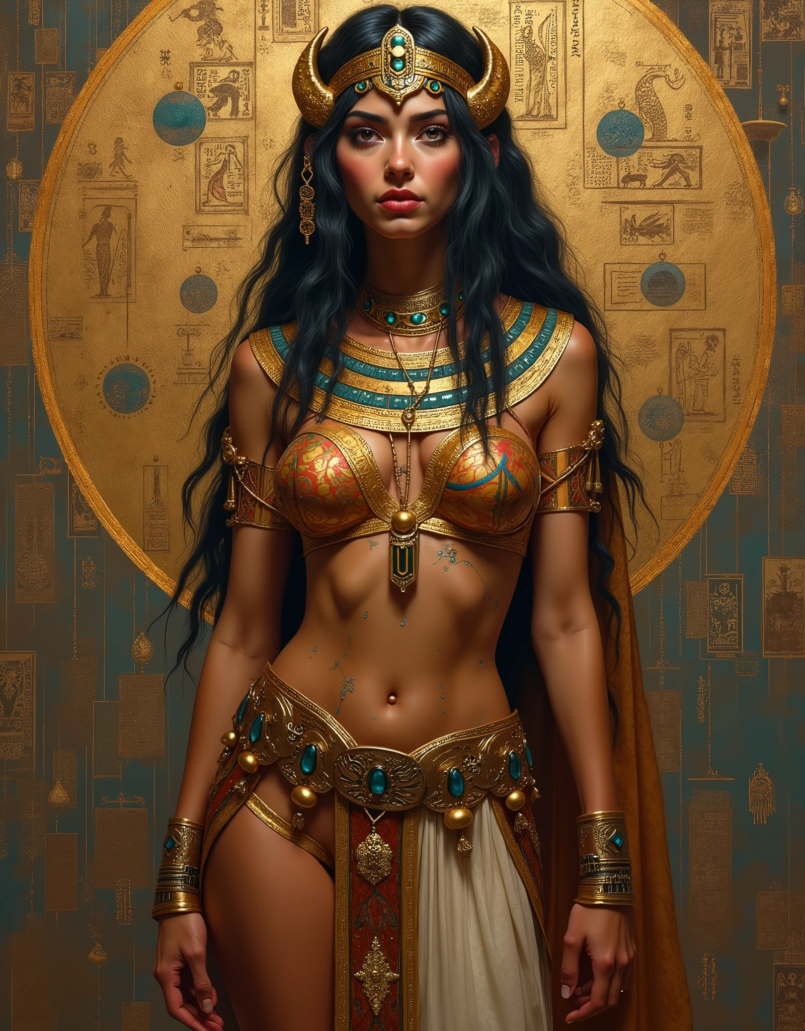 Egyptian woman, pharaoh, gold jewelry, Masterpiece,  Ultra realistic, Photo realism, standing, short black hair in braids, bobcut
