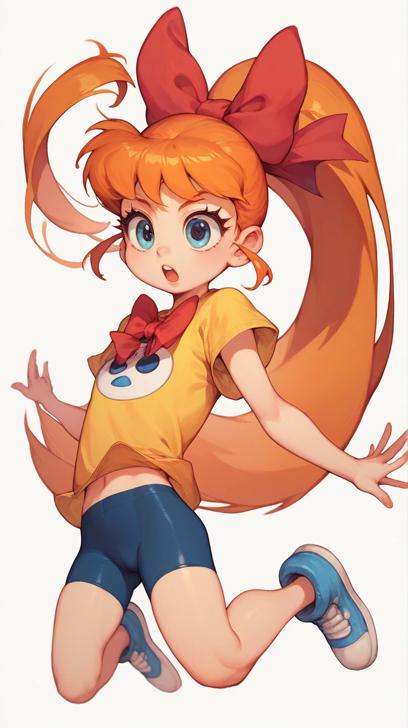 score_9, score_8_up, score_7_up, 1girl, source_anime, (teenage girl) orange hair, ponytail, red bow, very long hair, flat chest, Powerpuff Girls style, navy blue bike shorts, small yellow t-shirt, Jumping, Focus on the thighs, white background, full body, Front view, 