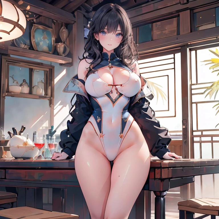 (1girl,(curvy:1.2),petite,beautiful breasts,(large breasts),pale skin,pointy breasts,(erect nipples),sweat),((clothed:1.8),leather boots,leather gauntlet,(carbon armor:1.5),(embroidered white china dress:1.5),(long silk sarong:1.5))),((realistic),8k,ultra hd,high resolution,best quality,masterpiece,(Sense of presence:1.5),(Dynamic:1.5),(bold:1.5)),((long hair),((thin hair:1.8)),(straight hair:1.5),(Swept bangs:1.5),(extra light coppery amber hair),(hair over one eye)),(seaside:1.5)