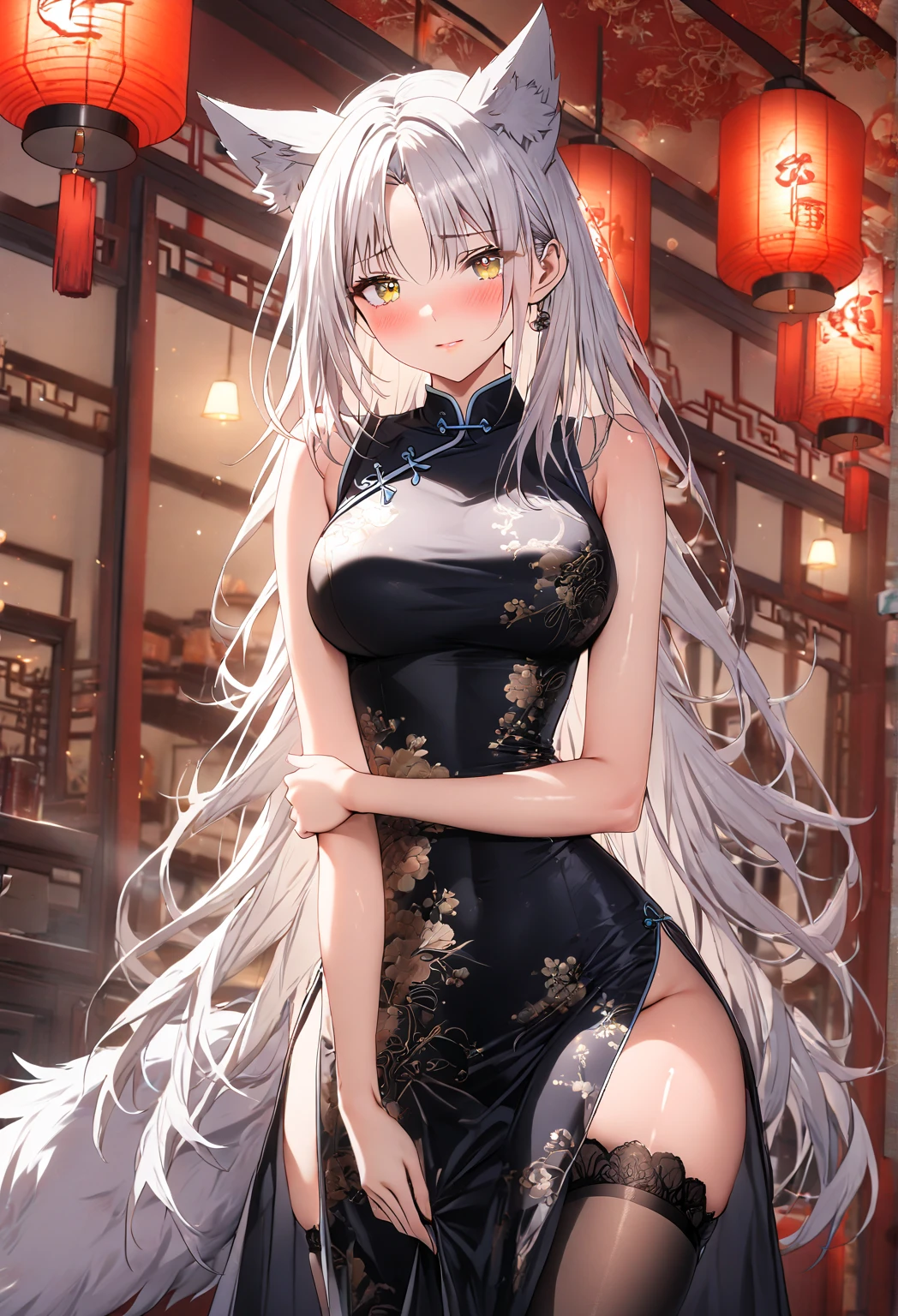 Highest quality, masterpiece, 1girl, solo, (white long hair), parted bangs, ((yellow eyes)), wolf ears, wolf tails, Chinese dress, slim waist, shiny skin, (long dress), (tight dress), (ying and yang dress), (clothed), black dress, large breasts, thighs, thigh highs, tea shop background, Chinese background, beautiful lighting, shy expression