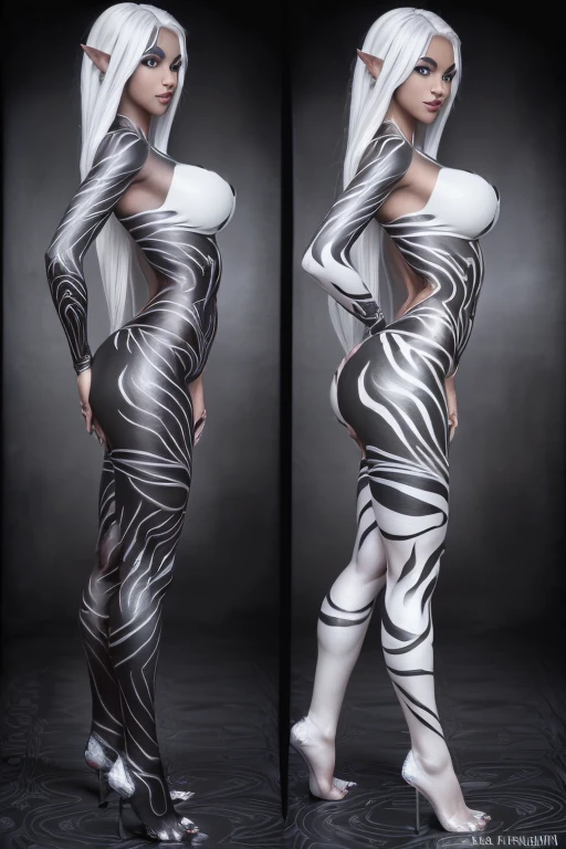 (SFW:1.3), High quality, One Elf, (Full body black paint:1.3), (Left side of body White Continuous weights pattern body paint and Right side of body Silver Continuous weights pattern Right half body paint:1.4), (Black gradient paint towards the tip of the arms and legs:1.3), Photorealistic, silver hair, large breasts, realistic, kneeling, smile, bikini