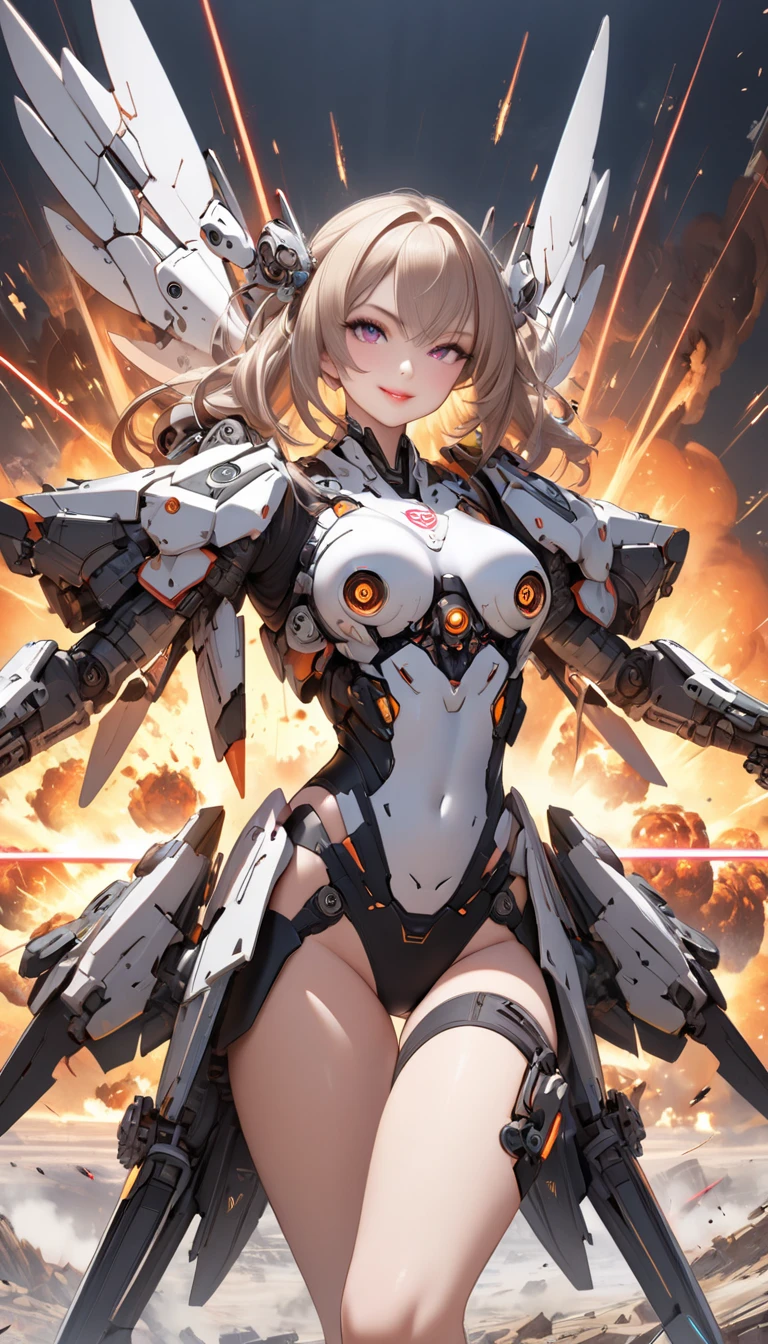 ((Masterpiece, Best Quality)), ((May God), (Paimon)), Illustrations, Ultra-detailed 8K, Realistic, Clear Focus, Highly Detailed, Professional Lighting, Colorful Details, Rainbow Colors BREAK Factory Super Long Shot, (1 Large Mechanical Robot), Microchip, Computer, Glow, Intricate Details, Mecha, 1girl Scaled-Down Floating in front of the Viewer, (Smug Smile), (Short White Hair), Black Eyes