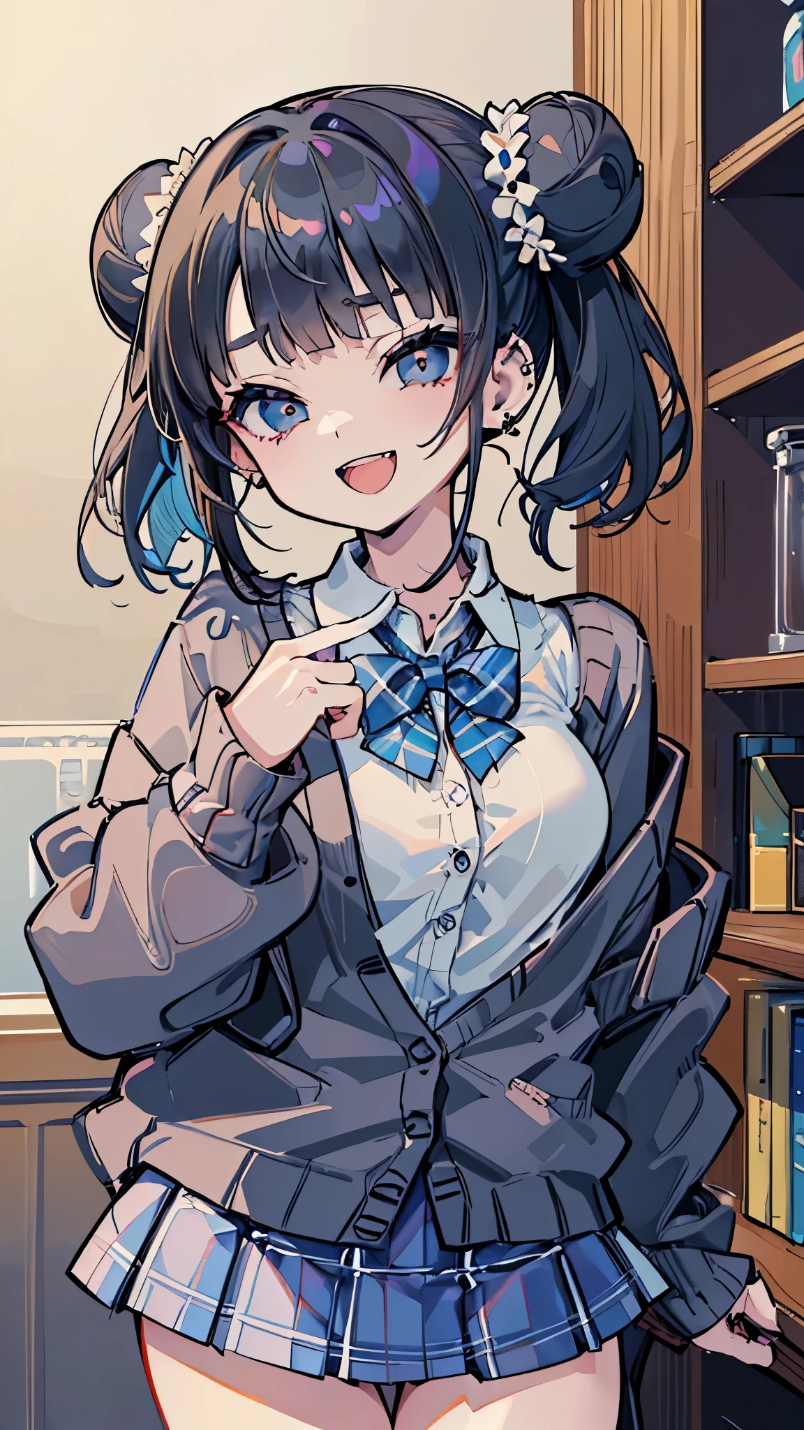 (8K、Best image quality、Highest quality、masterpiece)、Detailed face、 One girl、Black Hair、Long Hair、twin braids、Grey Eyes、evil smile、Small breasts、((White shirt))、A bow tie、((gray cardigan))、((Black pleated skirt))、((skirt lift))、((Plaid panties))、Cowboy Shot、Shoot from below、Gym storeroom