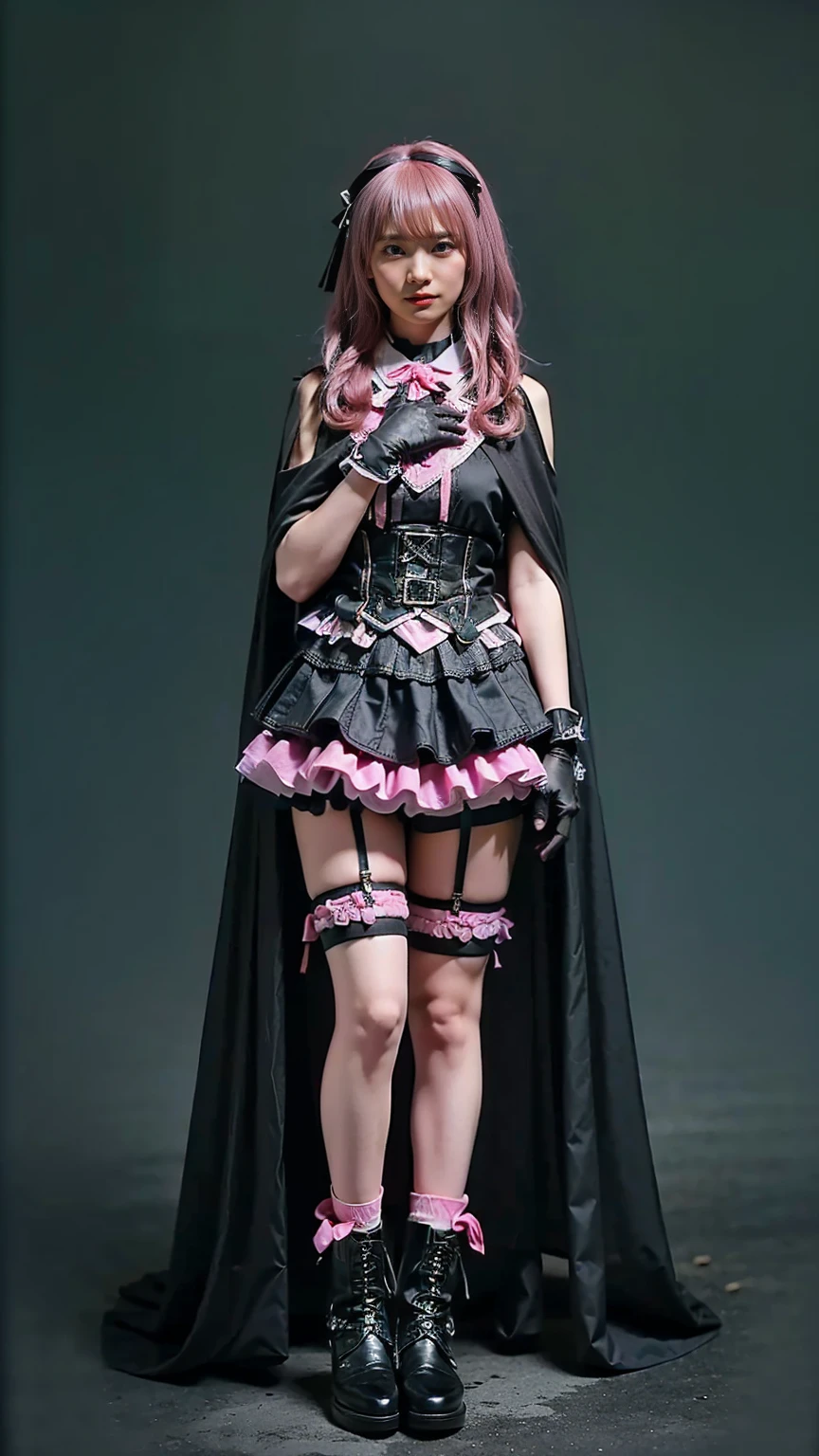 (8k、     RAW photos   、   top quality、masterpiece   :1.2)、(   realistic   、   realistic   )、1 person、((black、  gloves、 see-through、  pink hair、  garter belt hugging、Cape、Ribbon on chest、  Check Mini Skirt、   boots、blackい背景、Thin legs、whole body、 putting hands on hips 、 standing facing you   )、cute