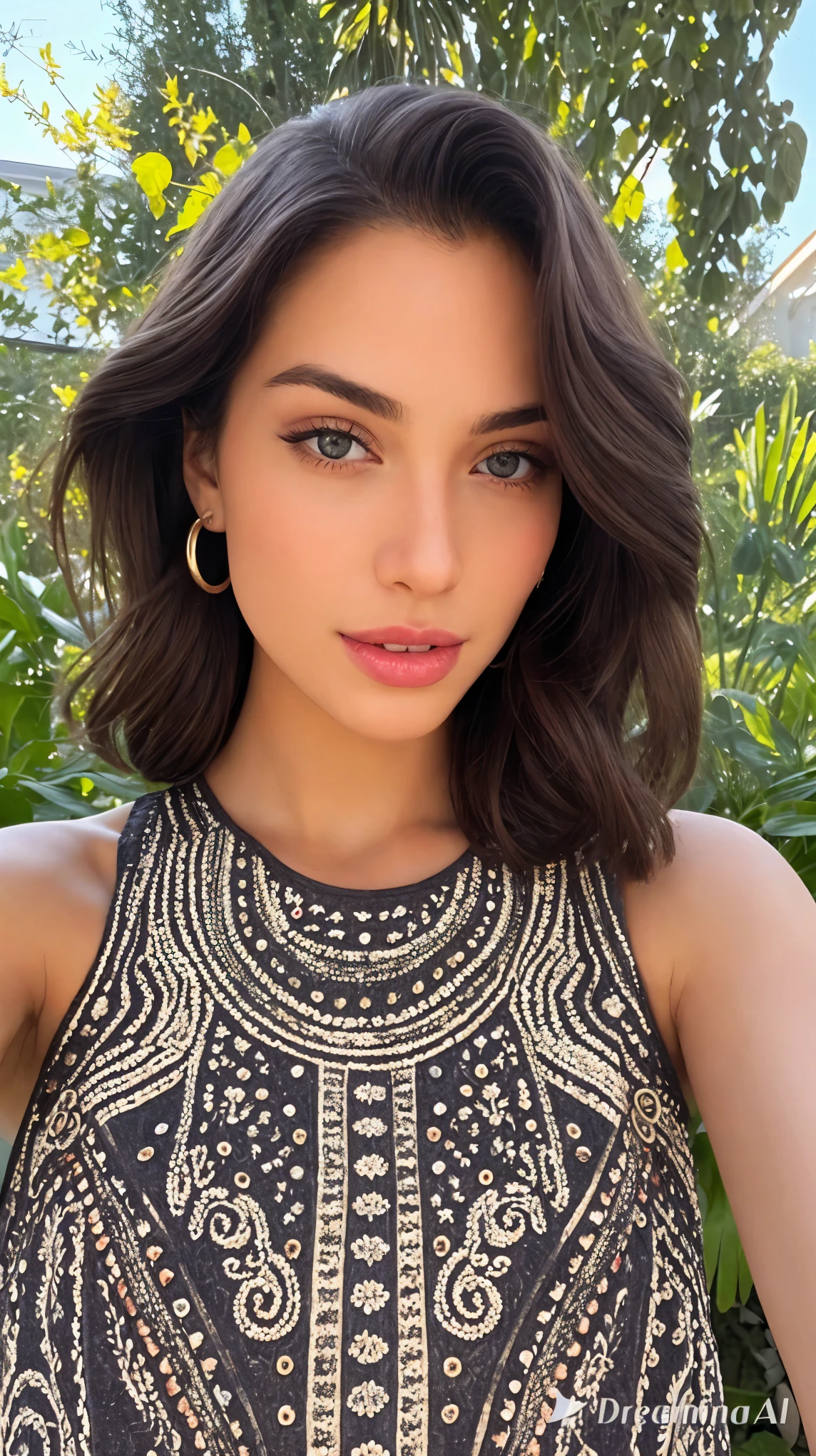 réel, chef-d'œuvre, meilleure qualité, (détail de la texture de la peau, corps ultra détaillé), girl, 30 years old, small breast, fit body, identical green eyes , long brown hair, wearing black dress, look at the camera, ultra detailed, ultra high res.photorealistic:1.4, uhd,