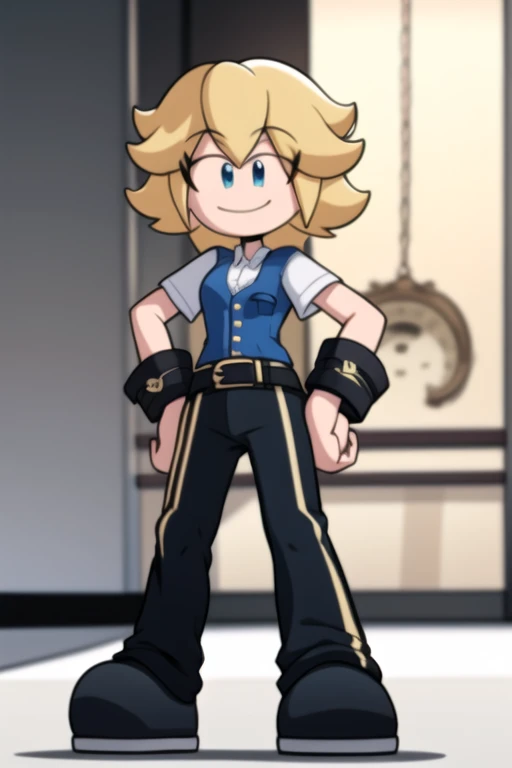 Rosalyn Williams, white collared shirt, blue vest, black braclets, white short sleeves, black belt, gray pants, black shoes blue eyes, eye lashes, blonde hair, smile, hands on hips 