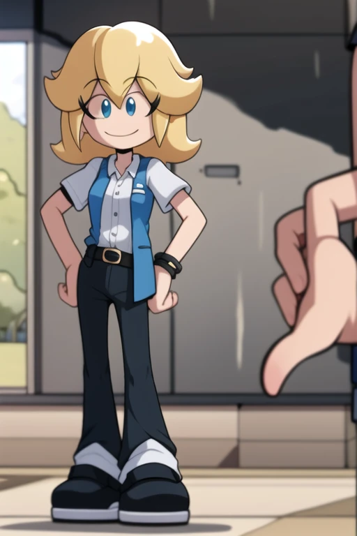 Rosalyn Williams, white collared shirt, blue vest, black braclets, white short sleeves, black belt, gray pants, black shoes blue eyes, eye lashes, blonde hair, smile, hands on hips 