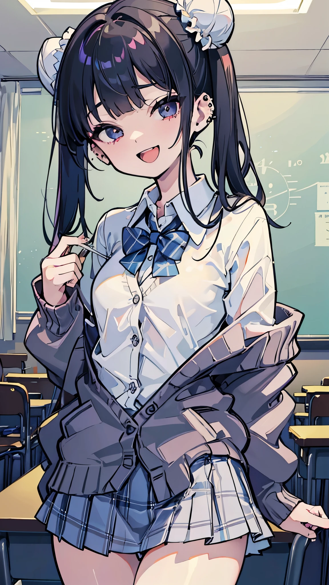 (8k、Best image quality、highest quality、masterpiece)、Detailed face、One girl、Black Hair、twintails、Grey Eyes、evil smile、((Grin))、Small breasts、((White collared shirt))、((cardigan))、((Black pleated skirt))、((black thighhighs))、Cowboy Shot、Sit on a chair、Classroom Background