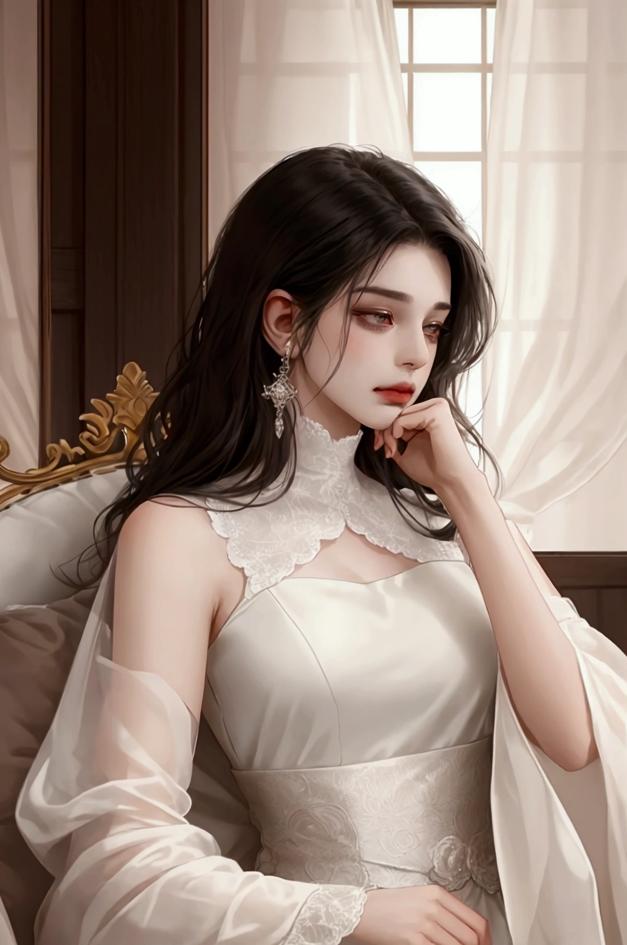 a woman in a white dress with a large necklace, elegant digital painting, sensitive digital art, by Li Song, wearing white silk, beautiful portrait of a woman, elegant lady with porcelain skin, well-dressed, sensual painting, by Wuzhun Shifan, by Xie He, by Yang Jie, by Wu Bin, jingna zhang