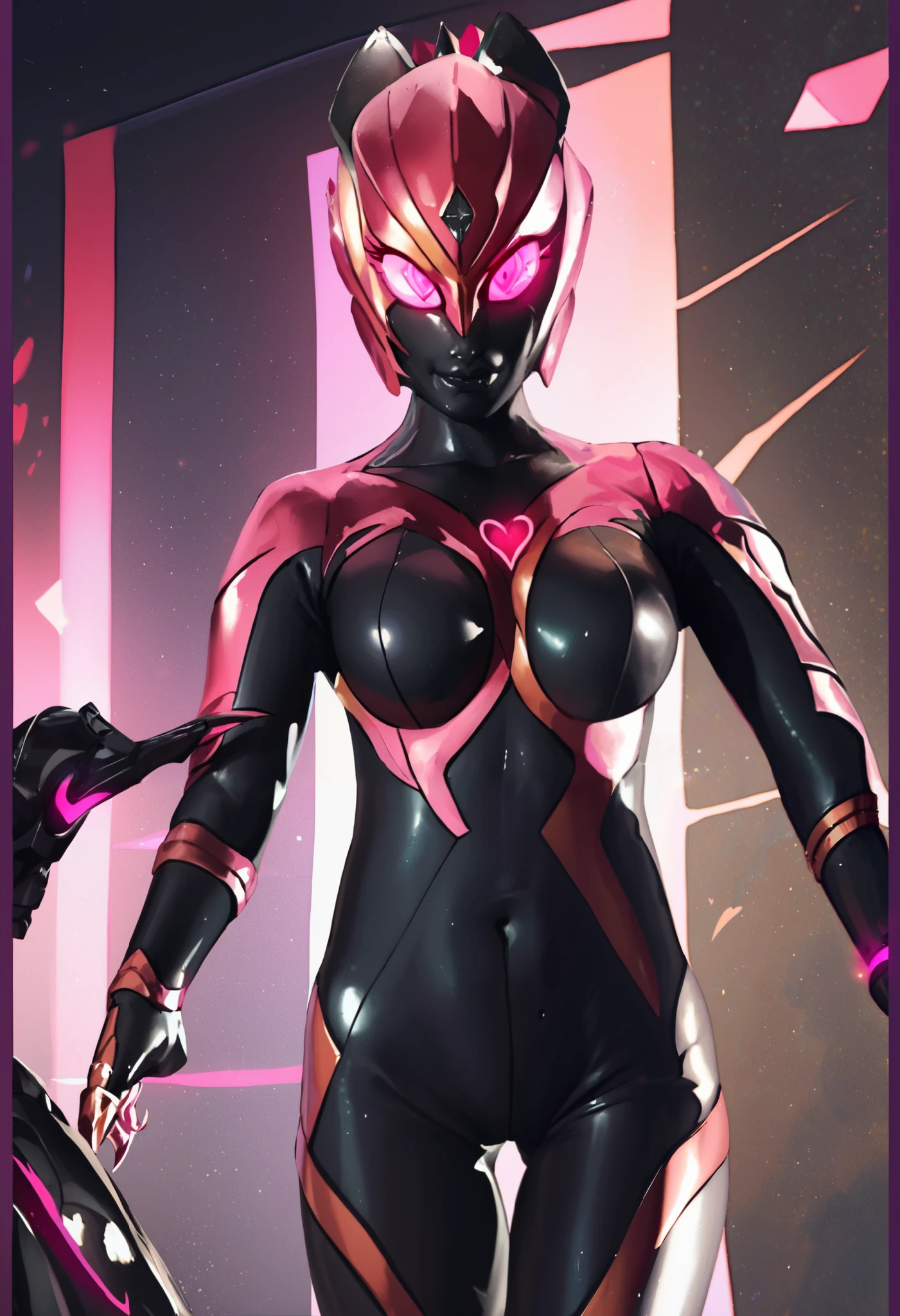 Dark UltraWoman. （high quality）（luster）（(Black Face and red eyeline)）（Black and purple thema color. black helmet. A full-face helmet. Pink lines. Purple glowing mechanical eyes. The whole body is covered with a black bodysuit. Thick legs. Breasts perky.  Spike decoration. Pink lines all over the body. Heart tattoo . purple coloreye. pink glow crystal. pink sharp claw. Night background.