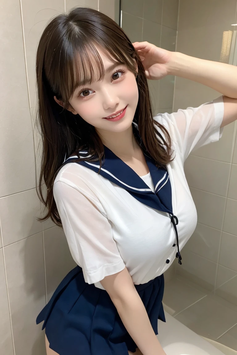 (highest quality,masterpiece:1.3,ultra high resolution,)ultra-realistic capture,very detailed,High resolution 16K natural skin texture、,The pores are、、、、、、、Must be detailed enough to be easily identified。 Skin should look even-toned and healthy。 Use natural light and color, uniform、navy blue mini skirt、white blouse、Undressing、clothes are wet、3 girls,Japanese,18-year-old,cute,black haired,ponytail,big breasts,smile, (realistic hair: 1.2) (wet skin: 1.2), Face forward and spread your legs、squat、Low - Angle,big breasts,sweaty, drenched, soaked, exposing nipples、Licking a man's genitals